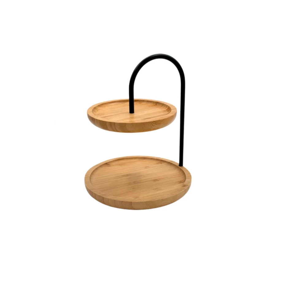 Bambu 2 Katlı Stant, Sunum Standı , Çift Katlı Sunumluk, Sunum Seti Yuvarlak Siyah