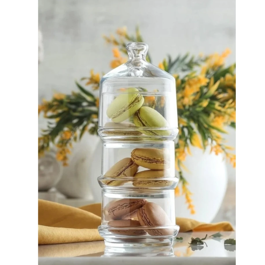 LAV Berry Patisserie 3 Katlı Kurabiyelik Sunum Cam Kapaklı Saklama Kabı