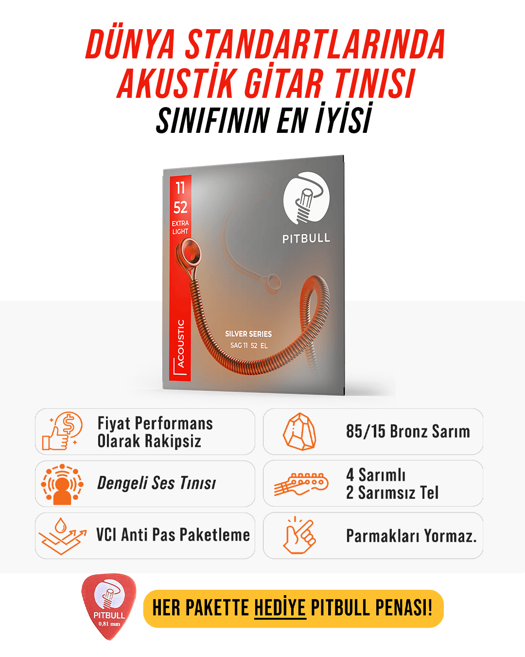 Pitbull Strings Silver Seri Akustik Gitar Teli - 11-52 Extra Light
