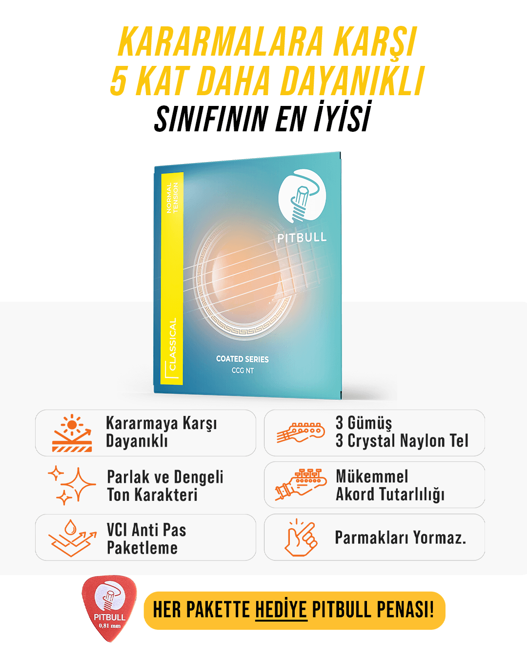 Pitbull Strings Coated Seri Klasik Gitar Teli - Normal Tansiyon