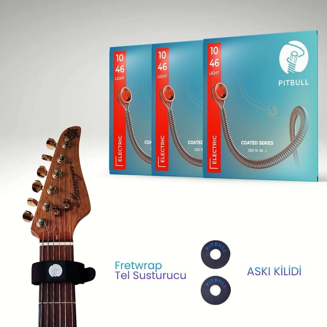 Pitbull Strings Coated Seri Elektro Gitar Teli 3'lü SET+Fretwrap+Askı Kilidi