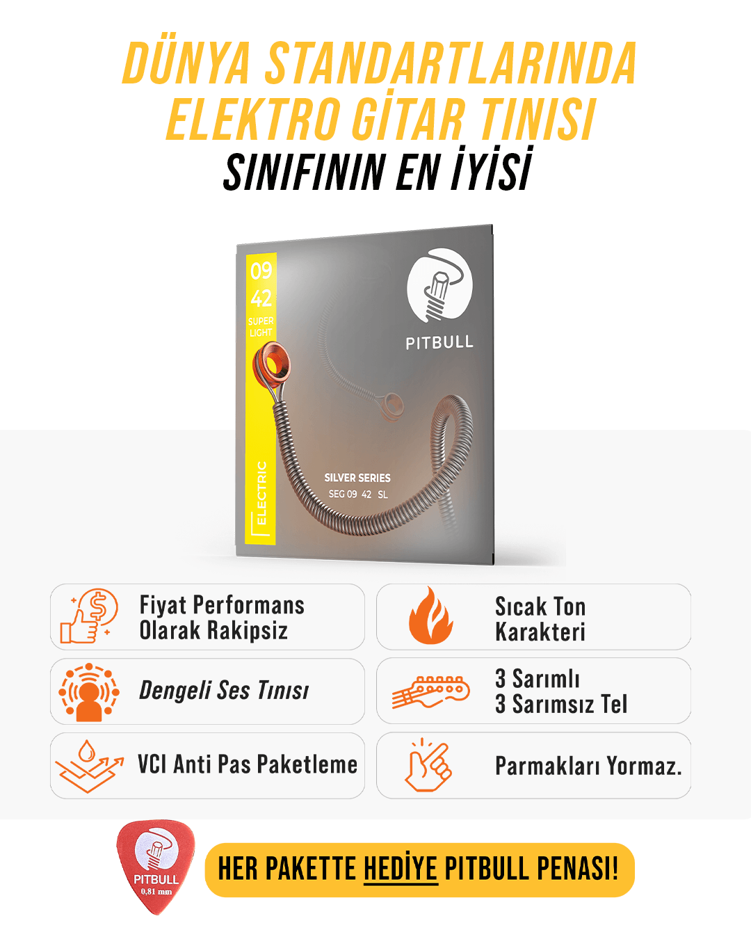 Pitbull Strings Silver Seri Elektro Gitar Teli - 09-42 Süper Light