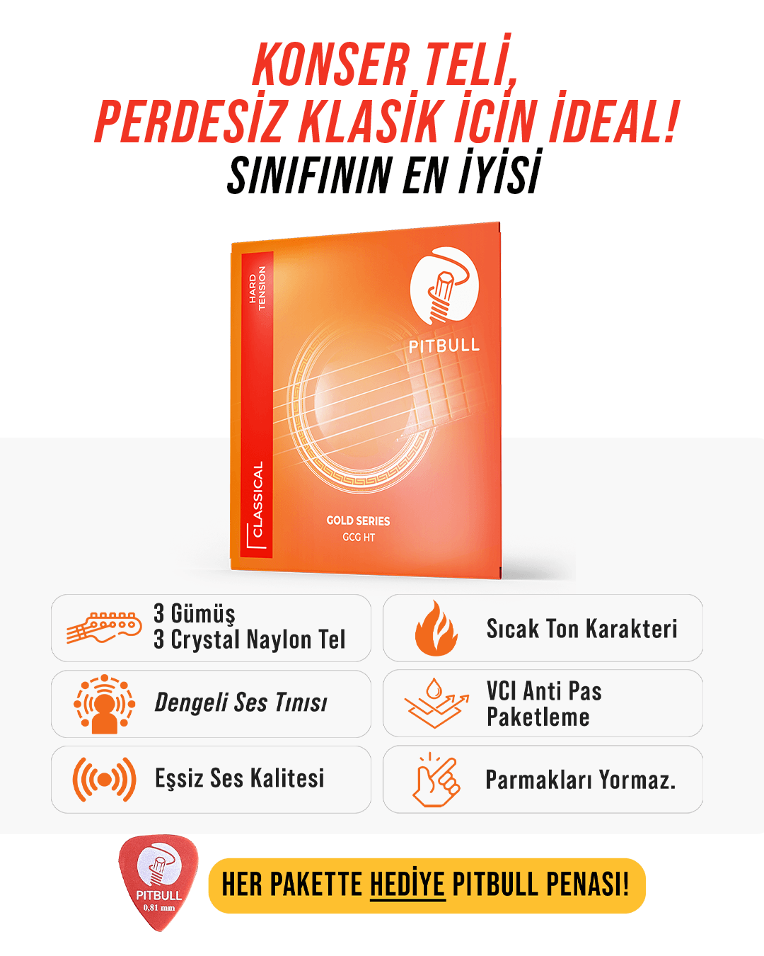 Pitbull Strings Gold Seri Klasik Gitar Teli - Hard Tansiyon