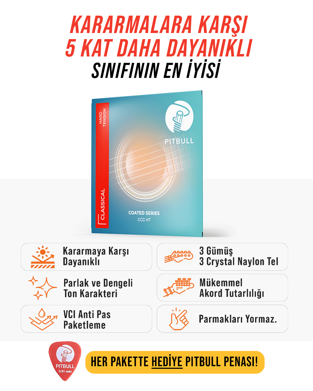 Pitbull Strings Coated Seri Klasik Gitar Teli - Hard Tansiyon