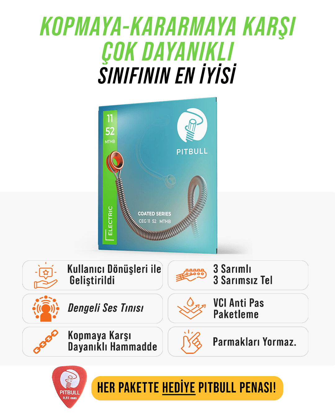 Pitbull Strings Coated Seri Elektro Gitar Teli - 11-52 MTHB