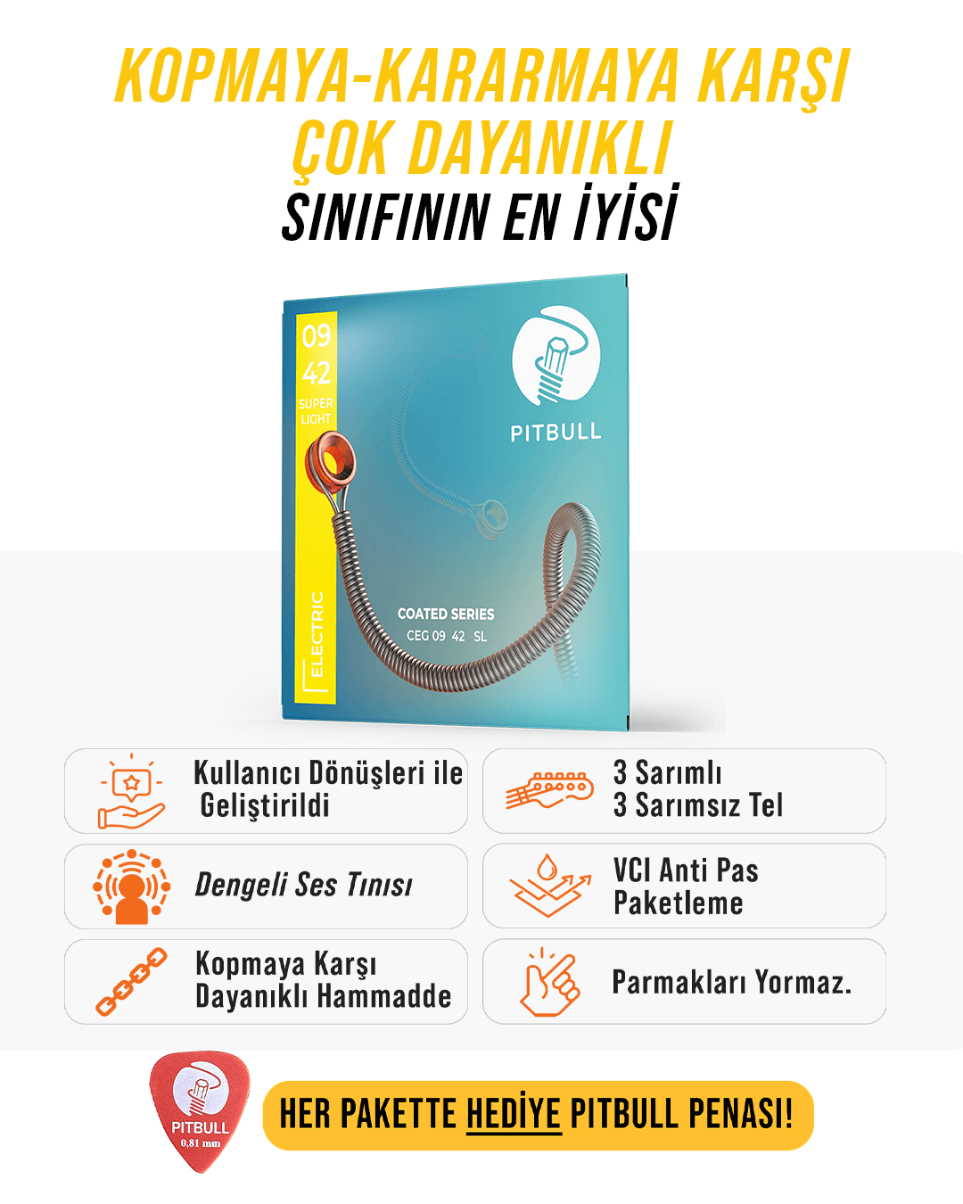 Pitbull Strings Coated Seri Elektro Gitar Teli - 09-42 Süper Light