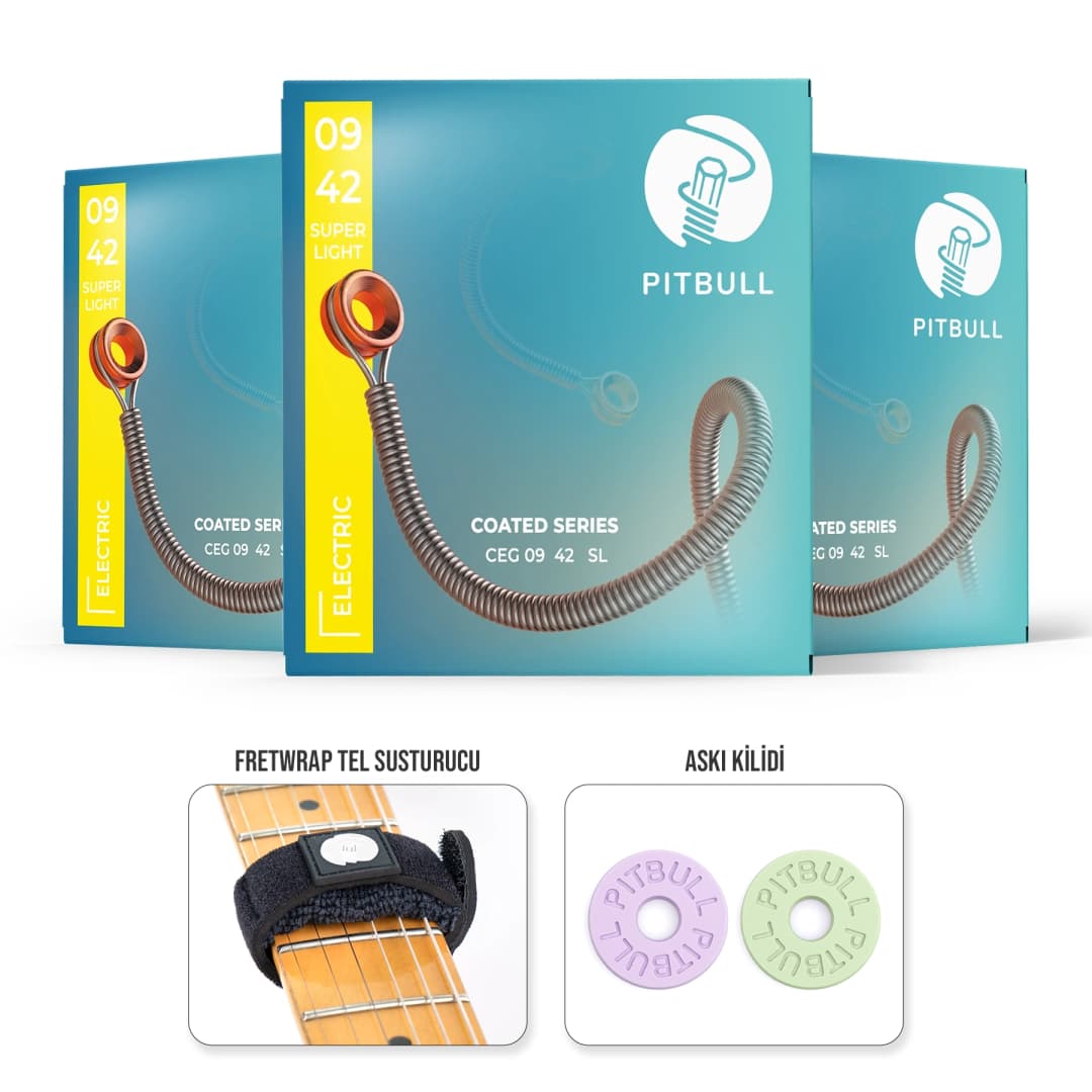 Electrical String Set Pitbull Coated Electric Guitar Strings 3-Pack + Fretwrap
