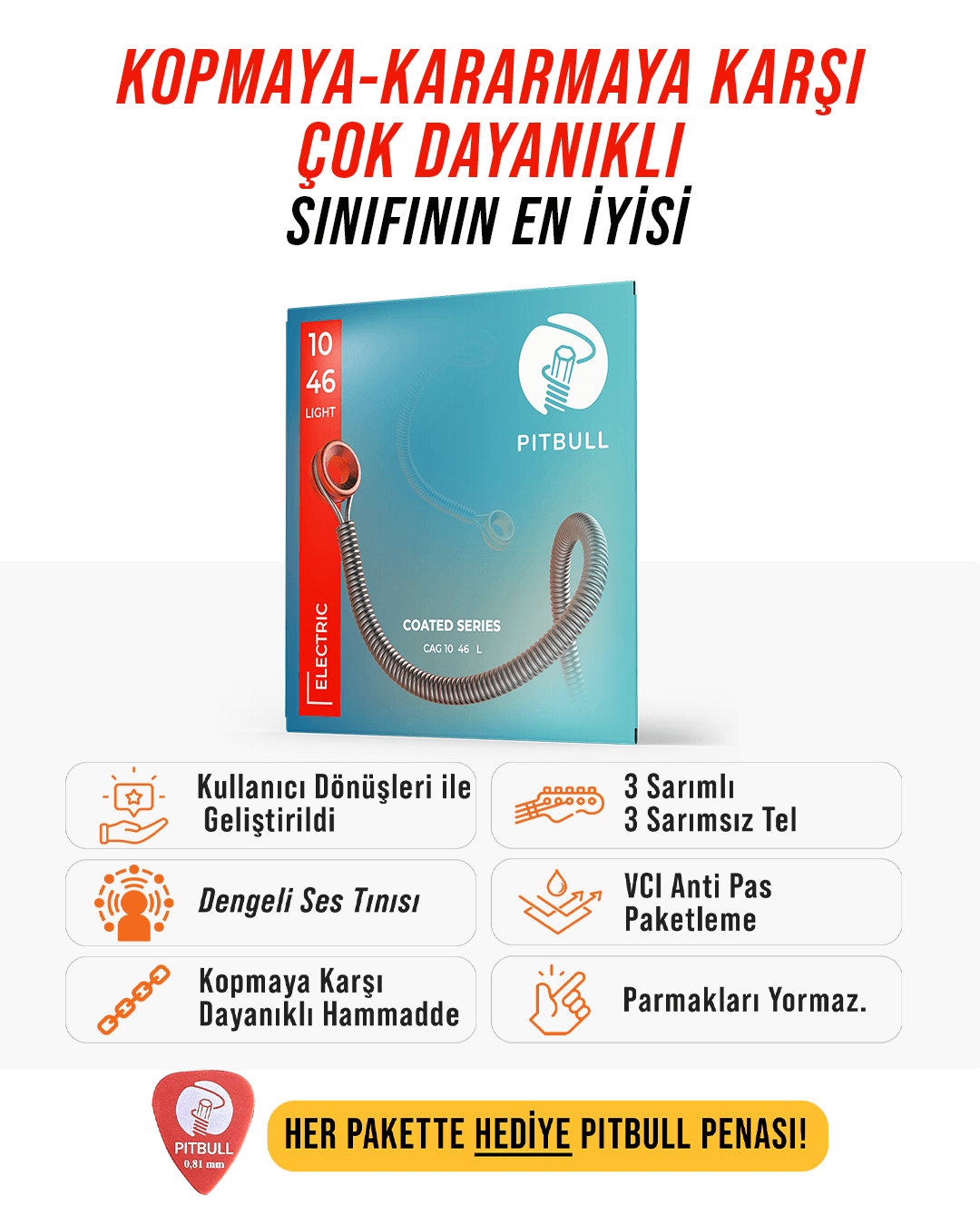 Pitbull Strings Coated Seri Elektro Gitar Teli - 10-46 Light