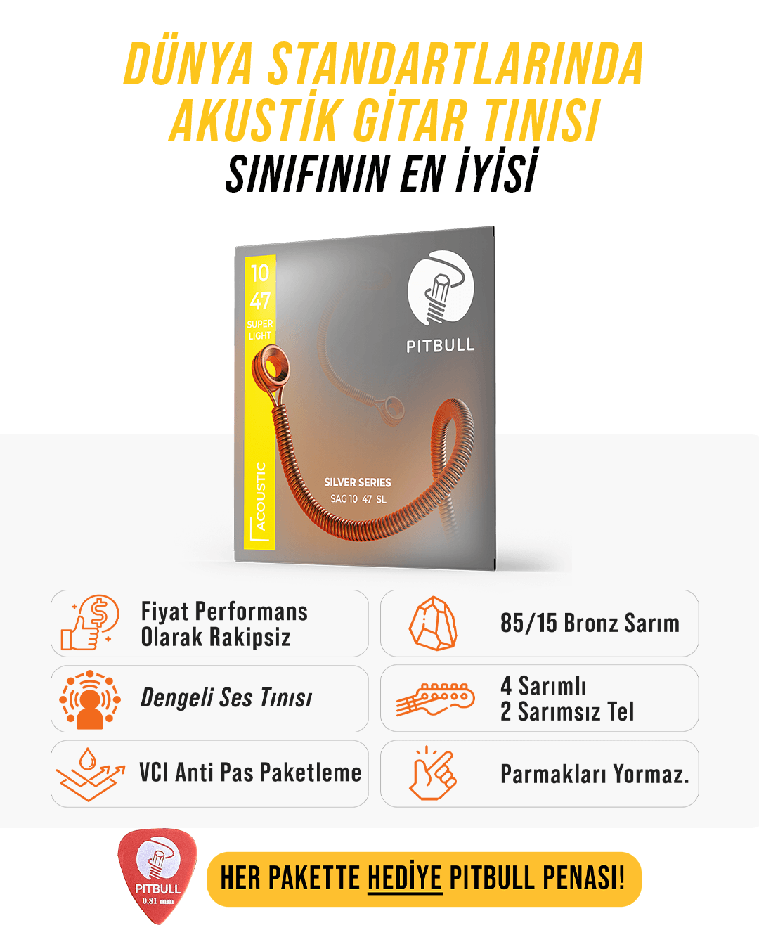 Pitbull Strings Silver Seri Akustik Gitar Teli - 10-47 Süper Light