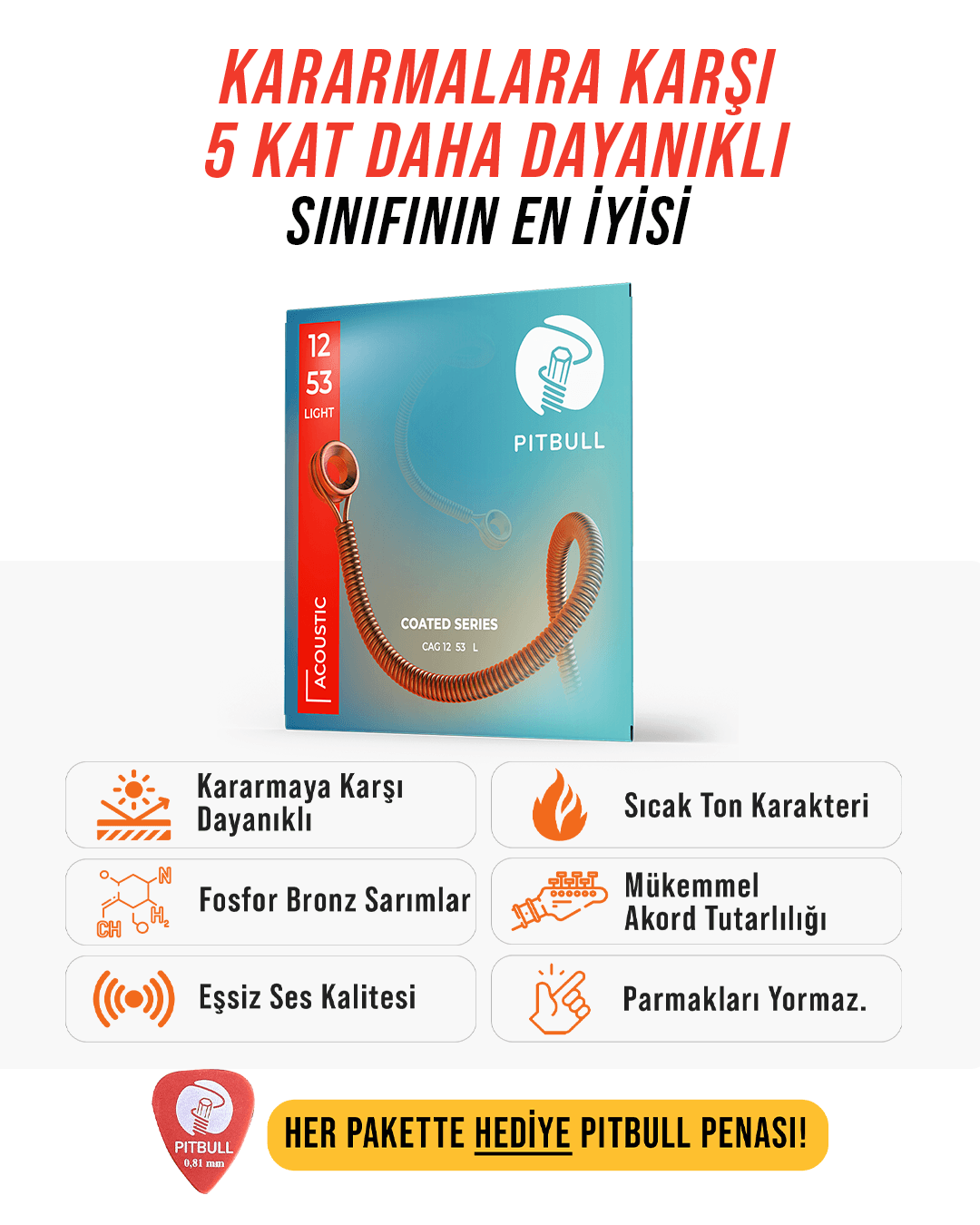 Pitbull Strings Coated Seri Akustik Gitar Teli - 12-53 Light