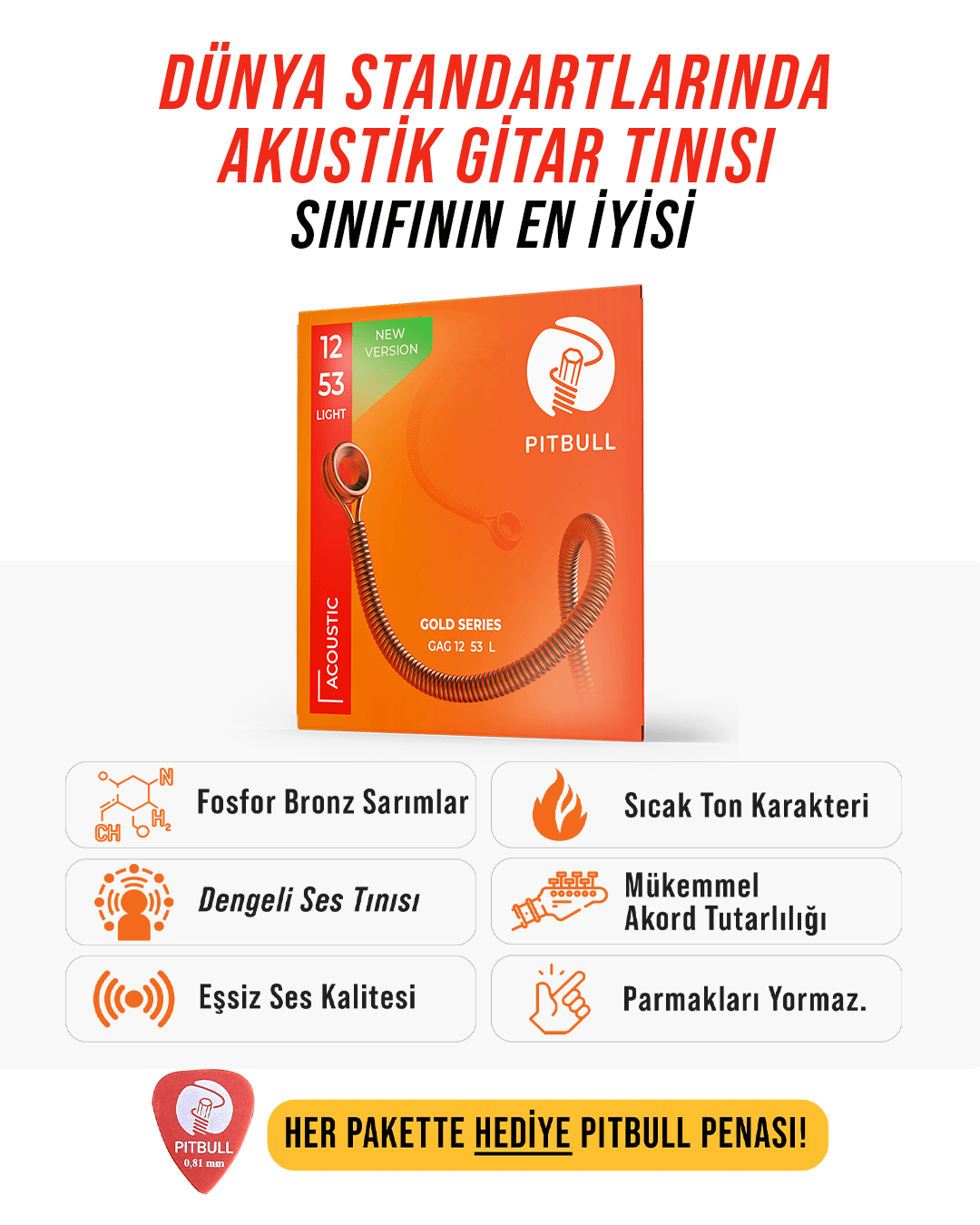 Pitbull Strings Gold Seri Akustik Gitar Teli - 12-53 Light