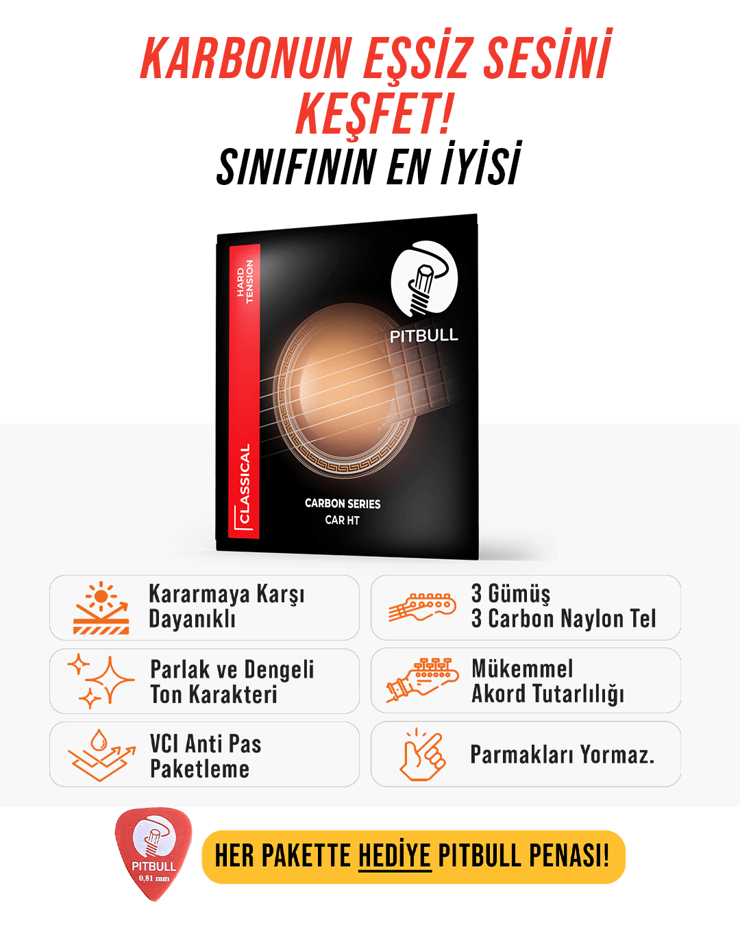 Pitbull Strings Carbon Seri Klasik Gitar Teli - Hard Tansiyon