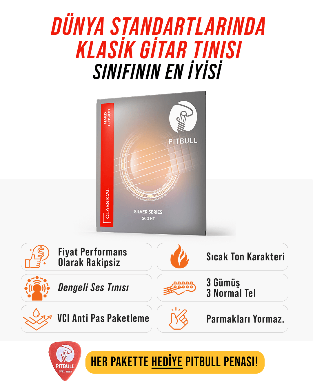 Pitbull Strings Silver Seri Klasik Gitar Teli - Hard Tansiyon