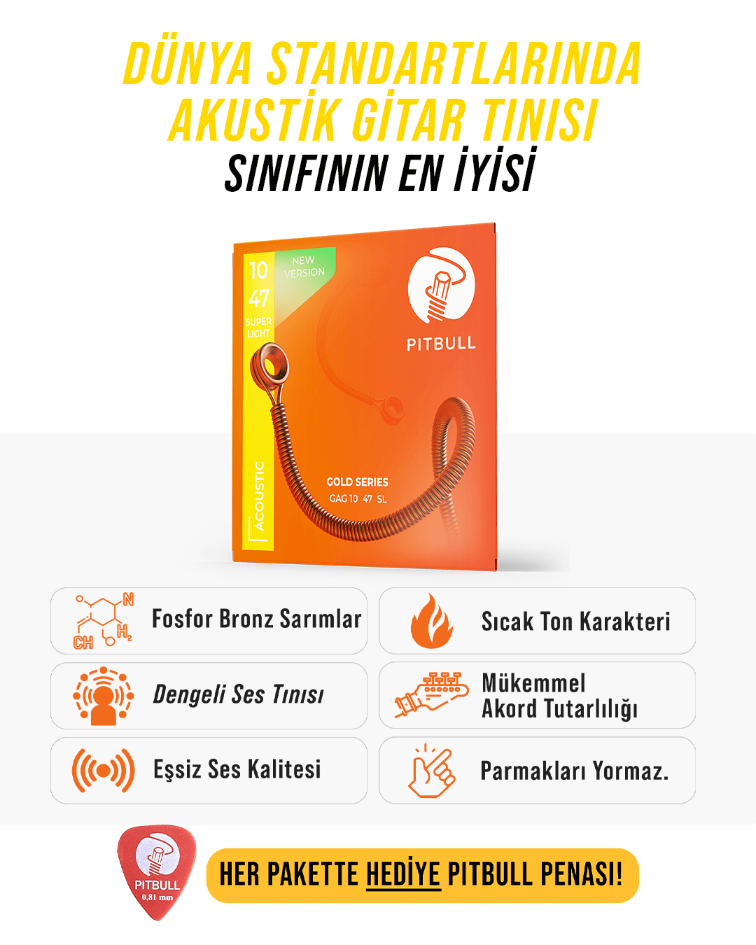Pitbull Strings Gold Seri Akustik Gitar Teli - 10-47 Süper Light