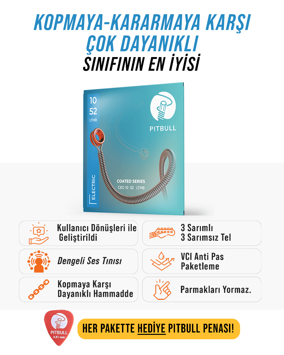Pitbull Strings Coated Seri Elektro Gitar Teli - 10-52 LTHB