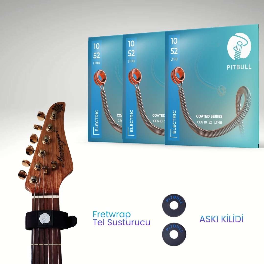 Pitbull Strings Coated Seri Elektro Gitar Teli 3'lü SET+Fretwrap+Askı Kilidi