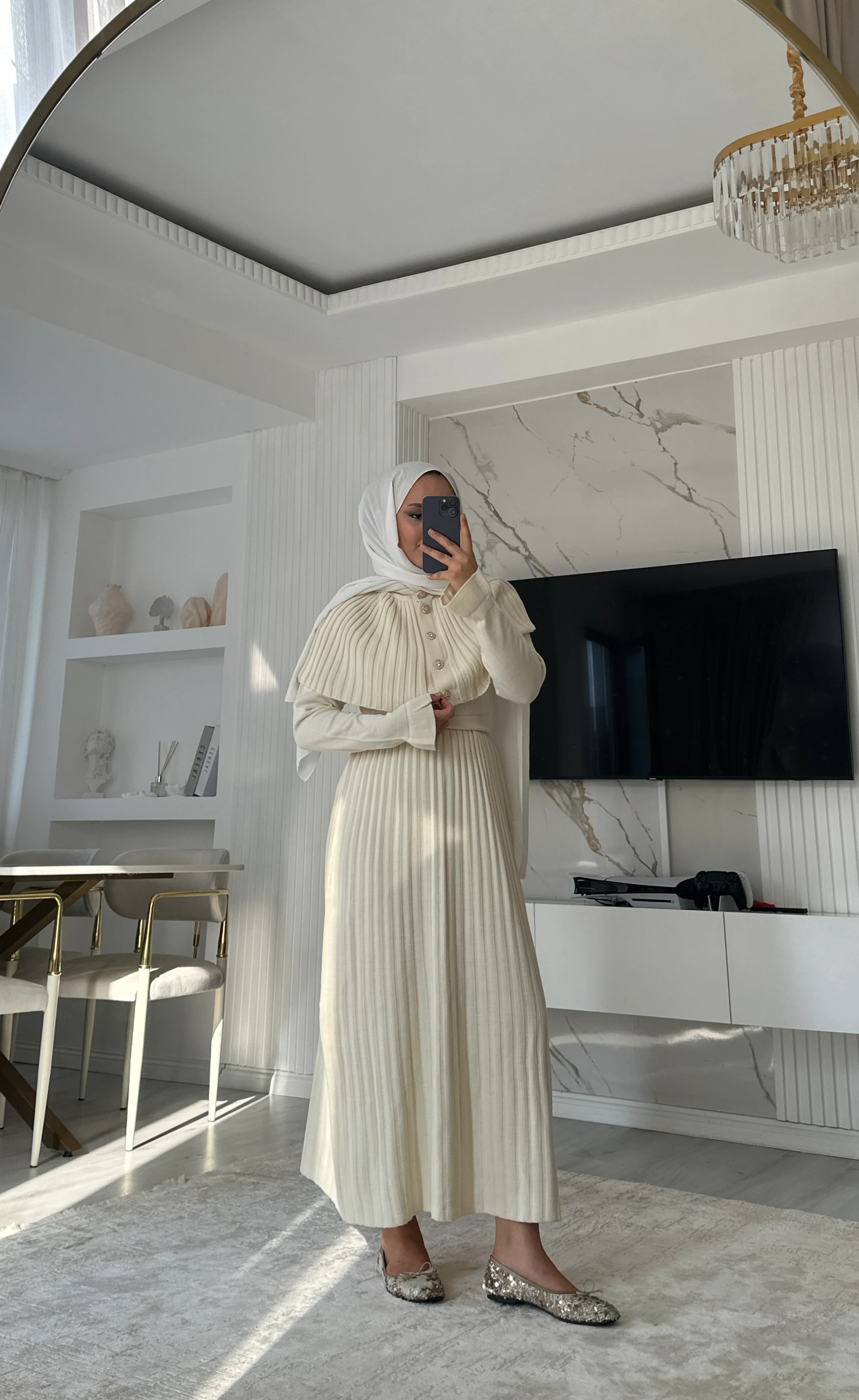 Pelerinli Elbise  - Krem