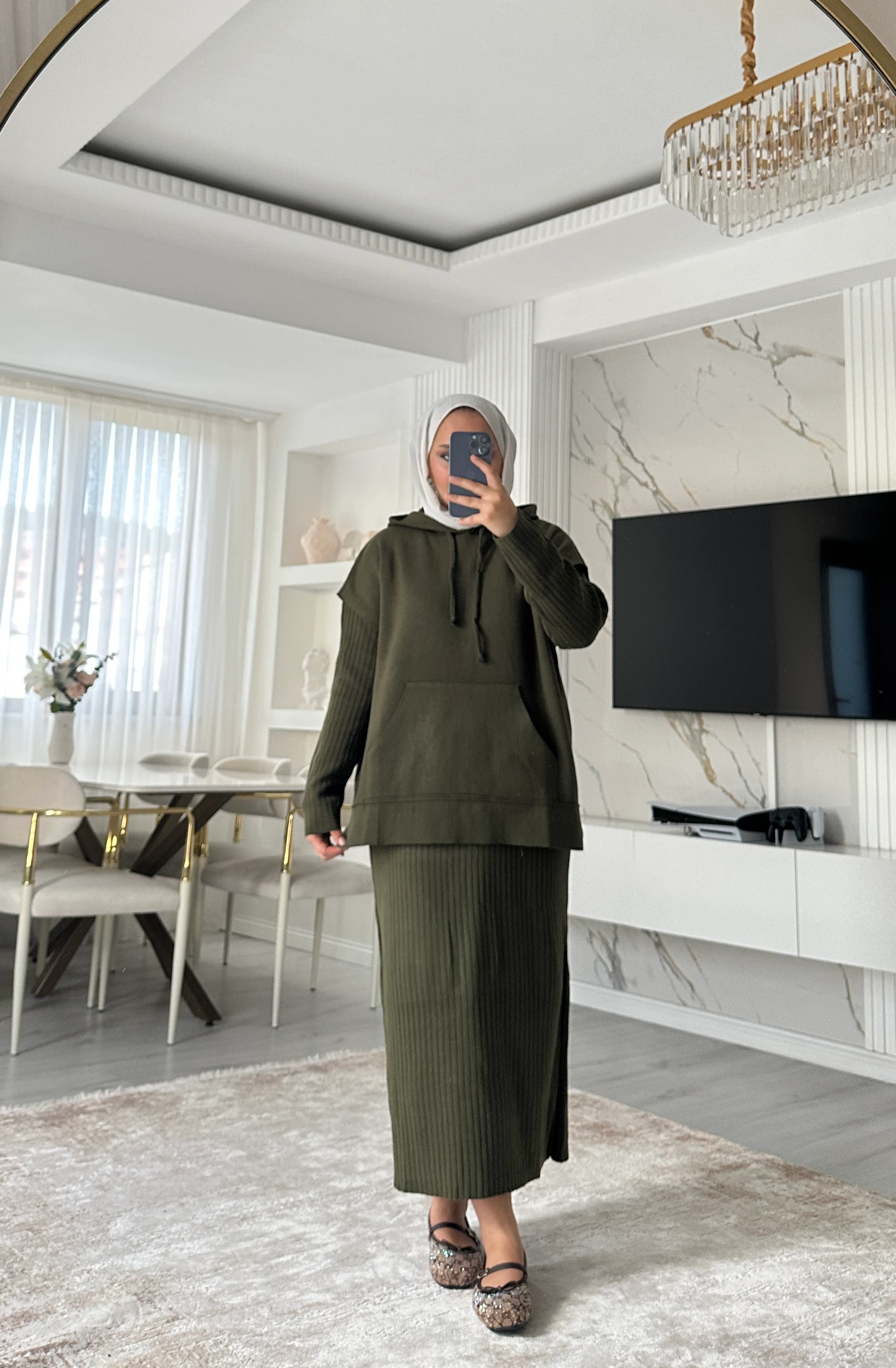 Kapüşonlu Sweat Elbise Takım - Haki