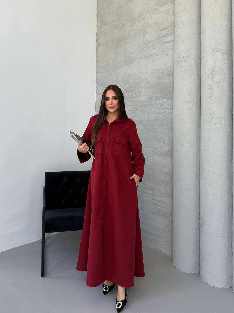 Gabardin Elbise - Bordo