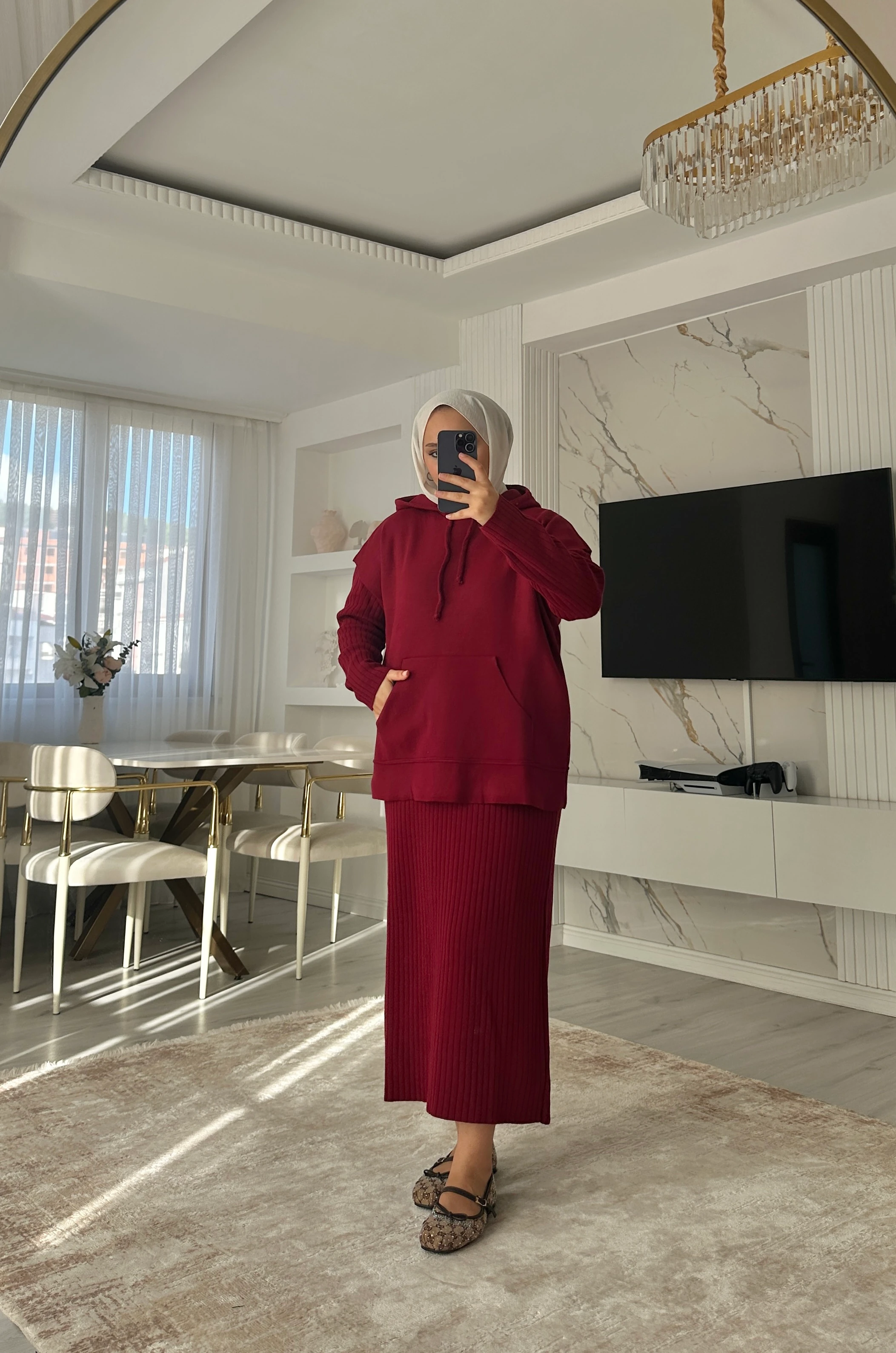 Kapüşonlu Sweat Elbise Takım - Bordo