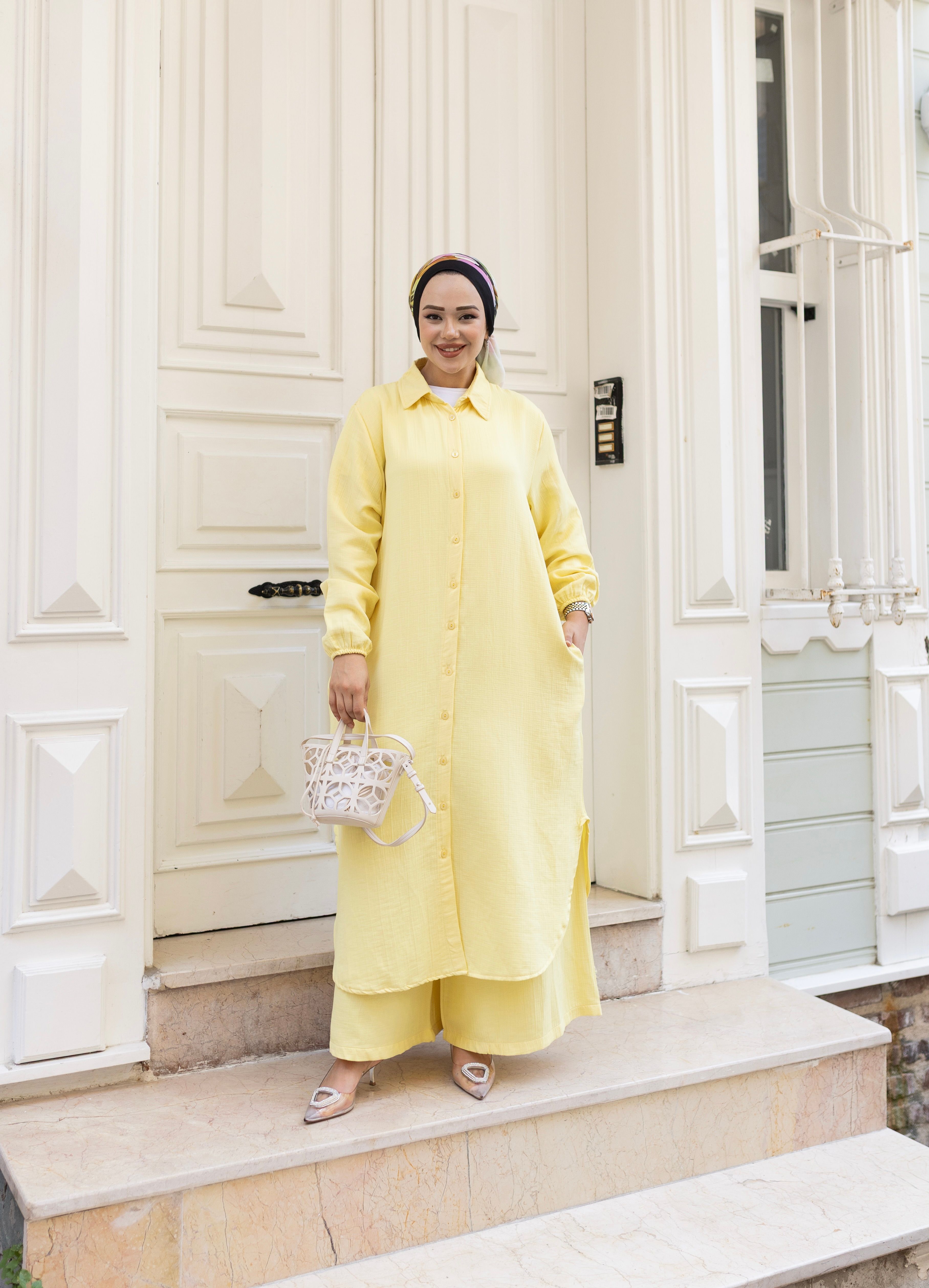 Müslin Uzun Tunik Pantolon Takım - Limon Sarısı