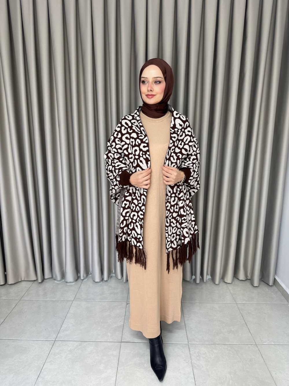 Leopar Kollu Triko Şal Kahverengi