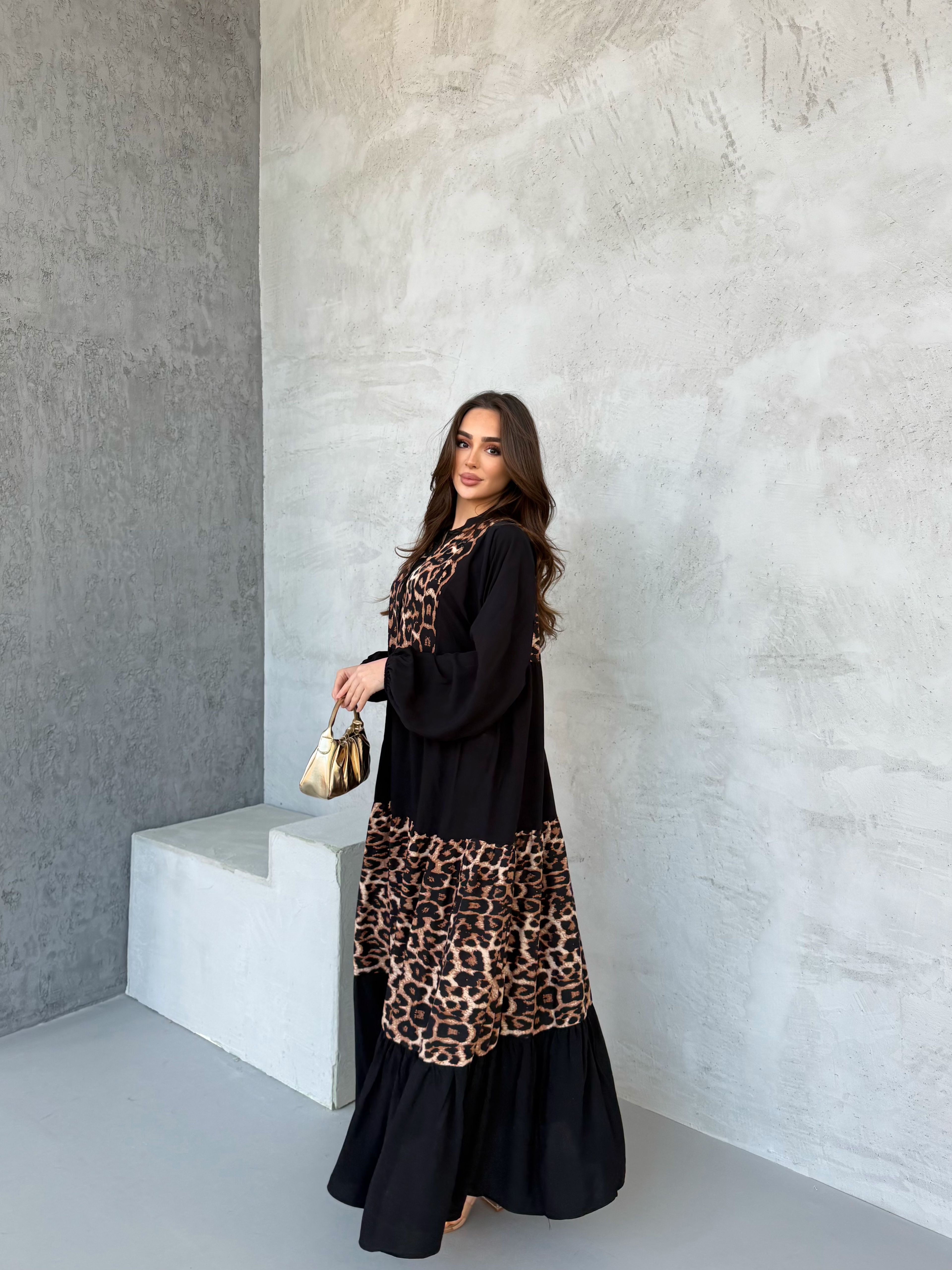 Ceylan Leopar Elbise Siyah