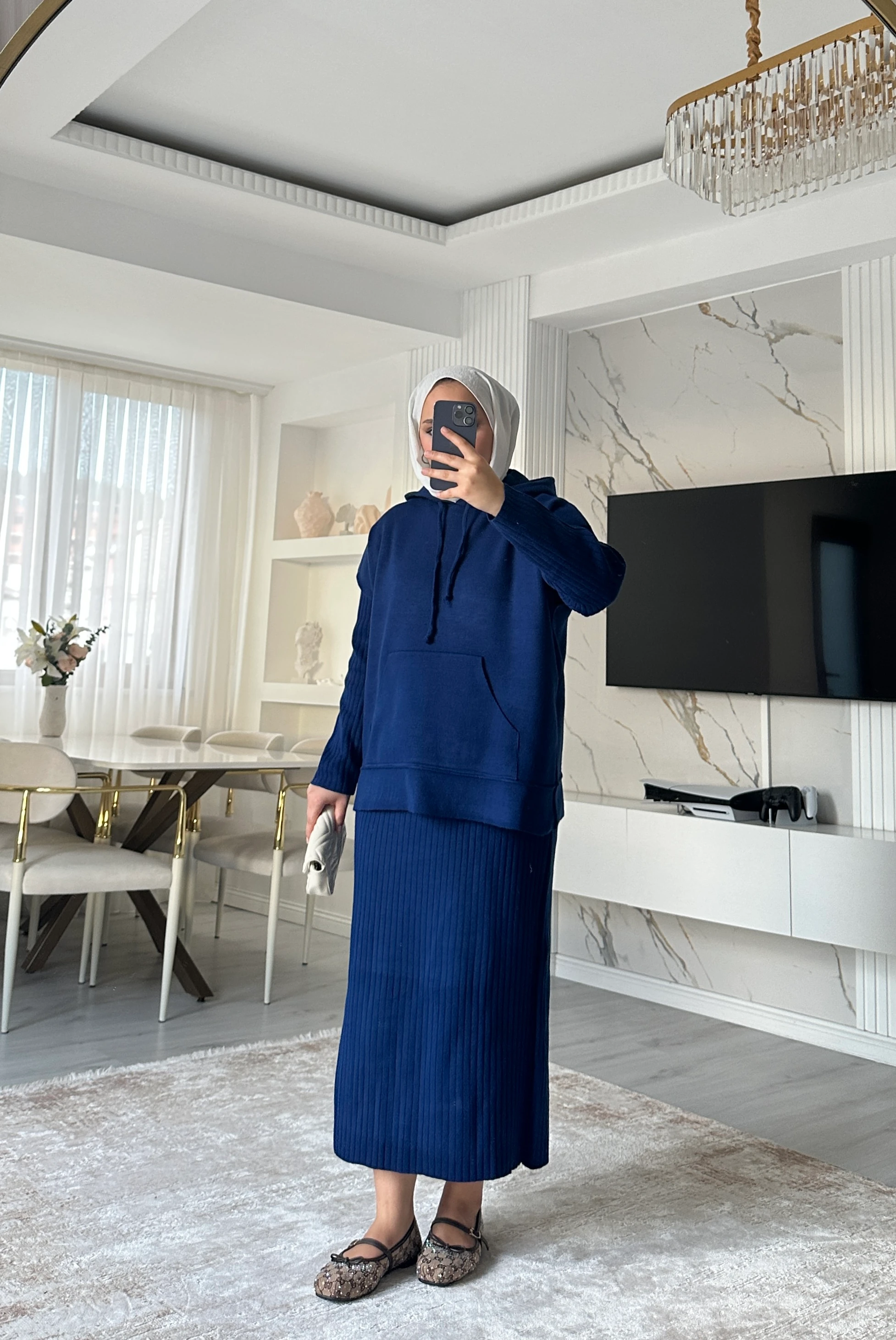 Kapüşonlu Sweat Elbise Takım - Lacivert