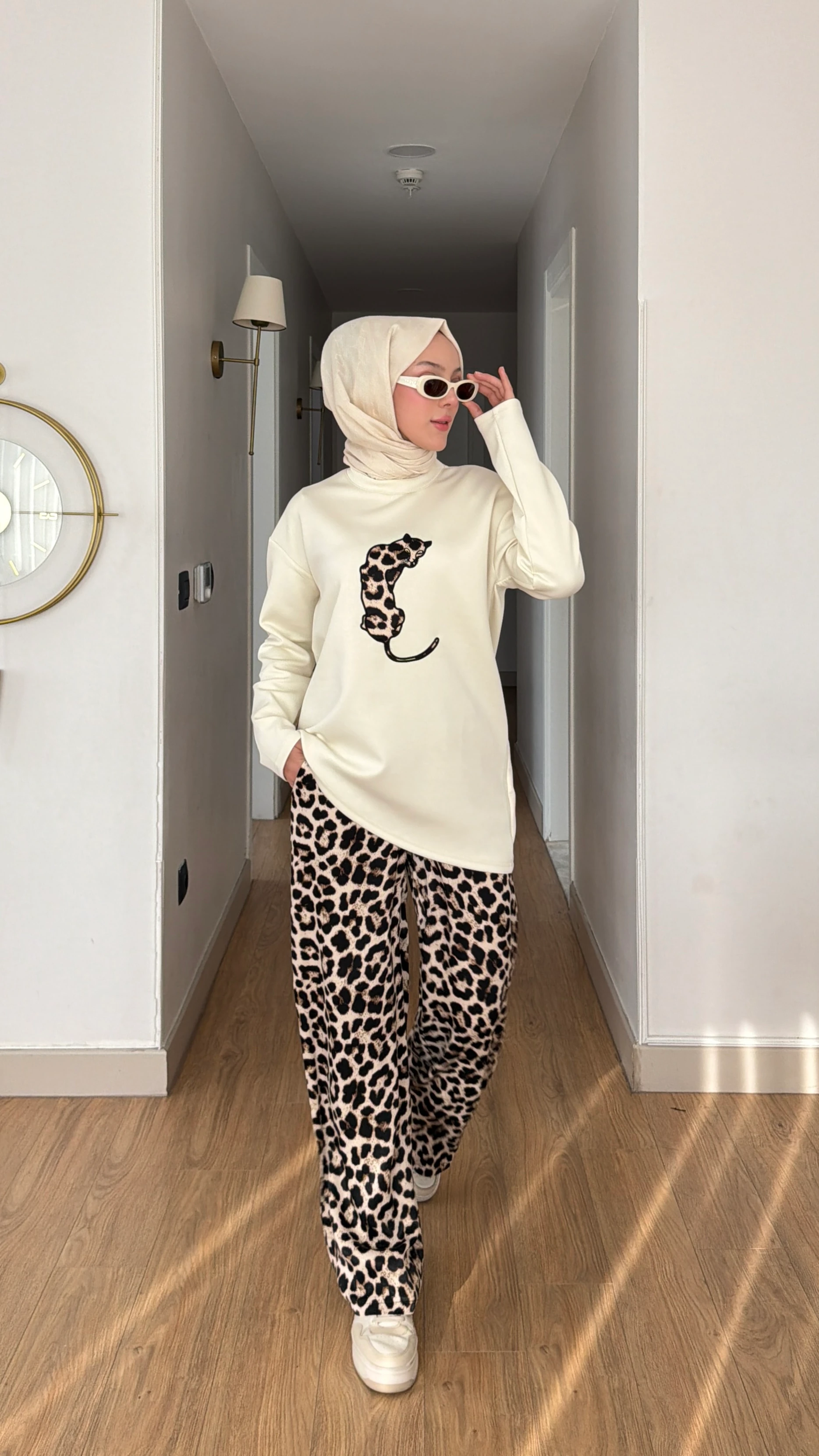 Viral Leopar Pantolon Takım - Ekru