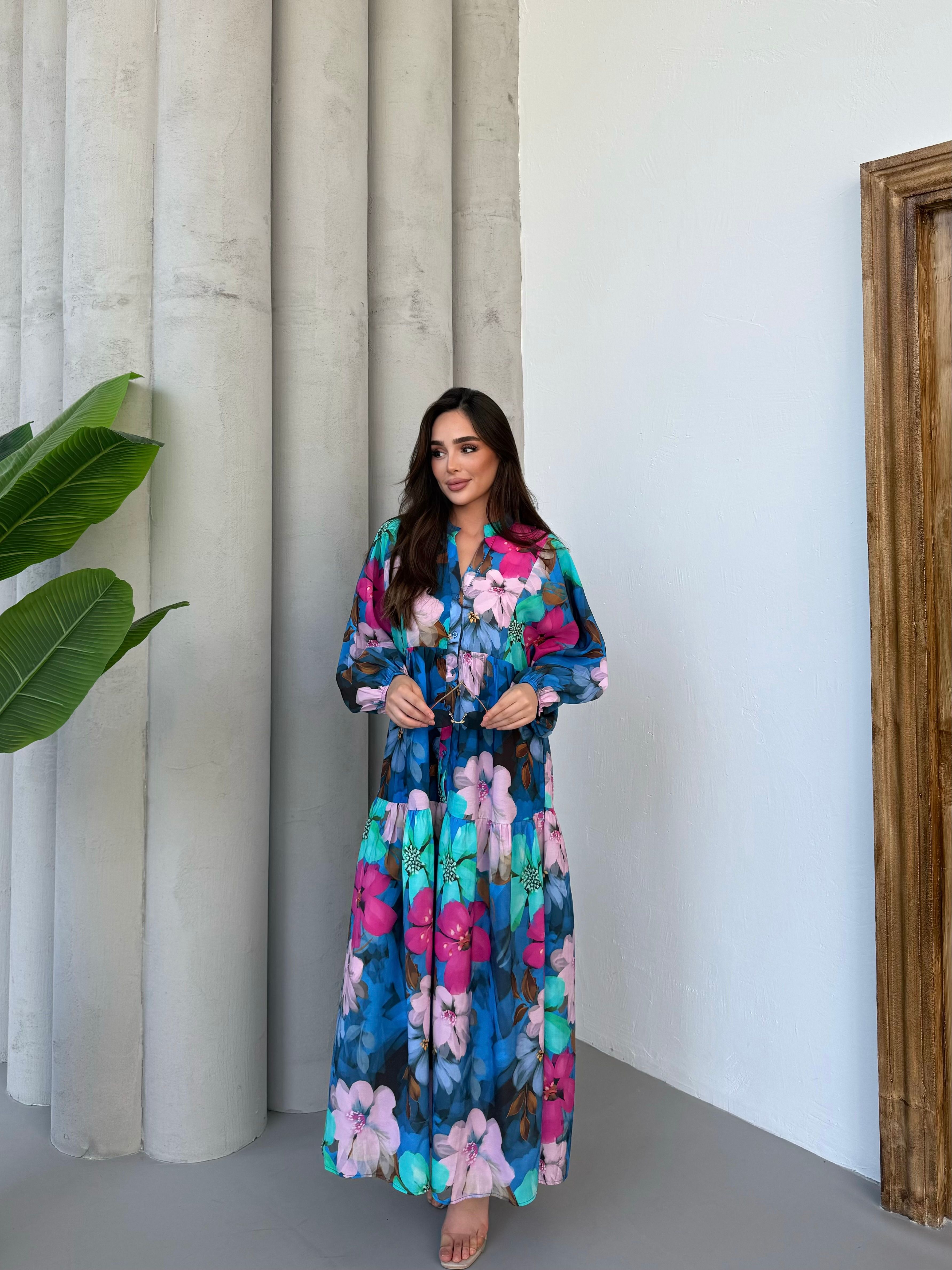 Fulya Çiçek Elbise - Mavi