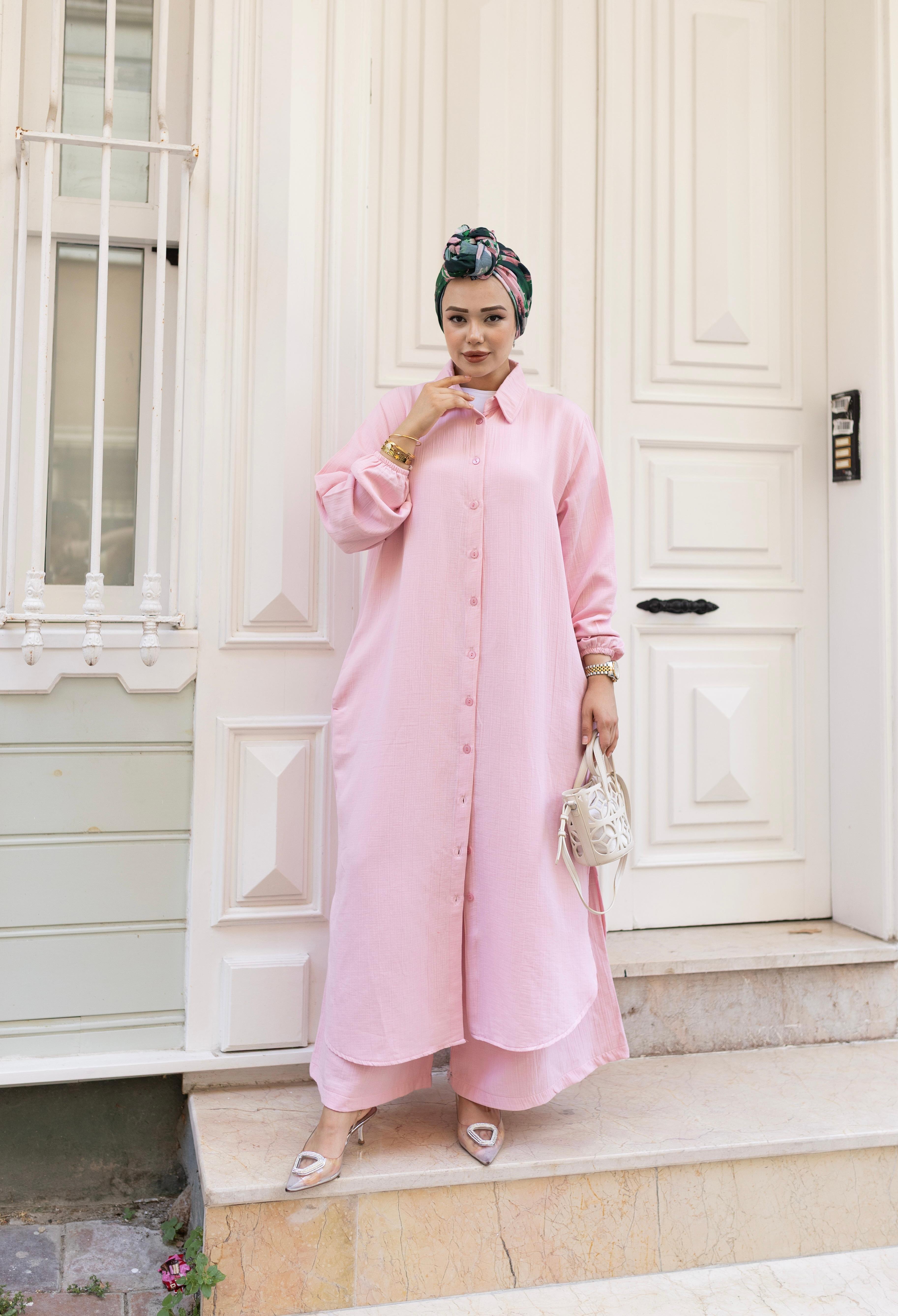 Müslin Uzun Tunik Pantolon Takım - Pembe