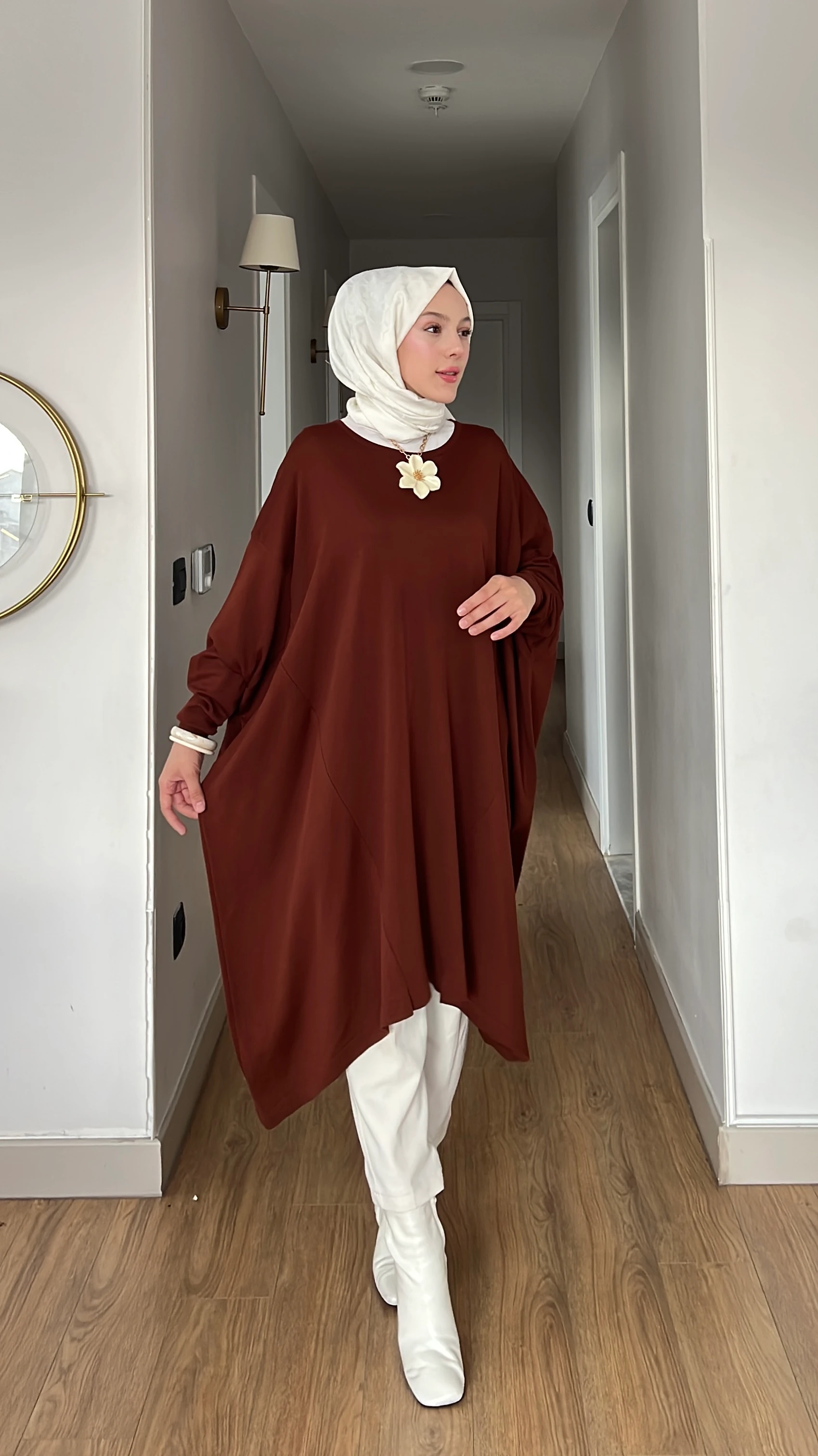 Büyük Beden Merserize Tunik - Kahve