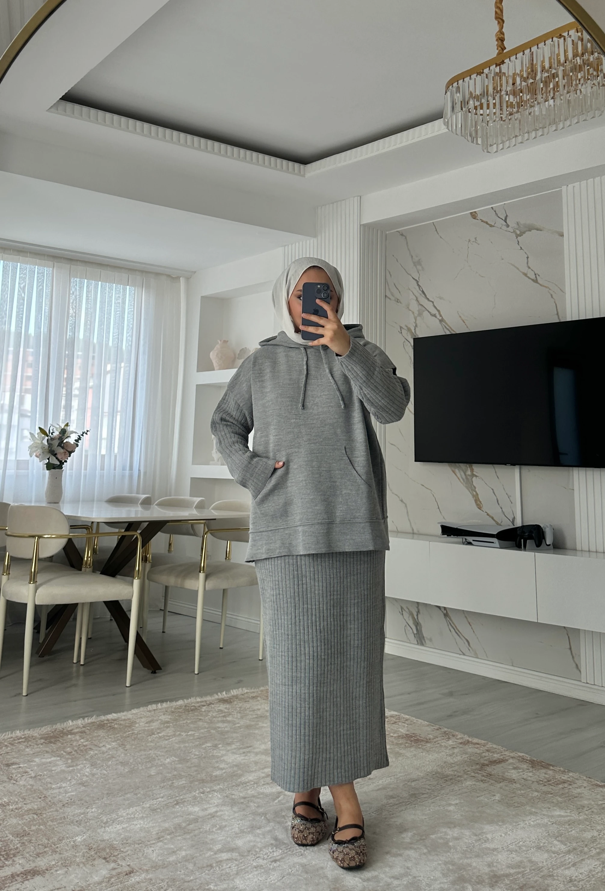 Kapüşonlu Sweat Elbise Takım - Gri