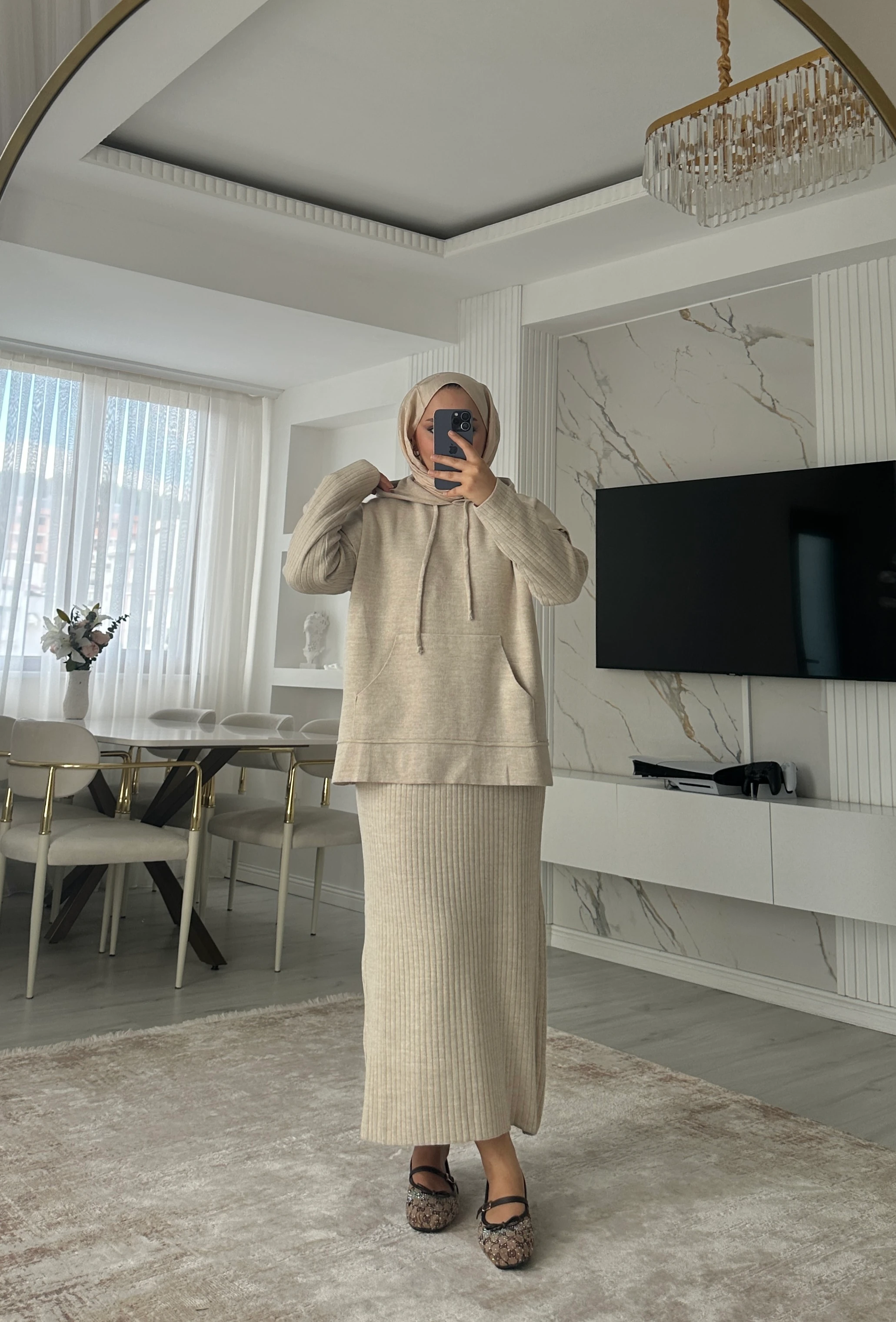 Kapüşonlu Sweat Elbise Takım - Bej