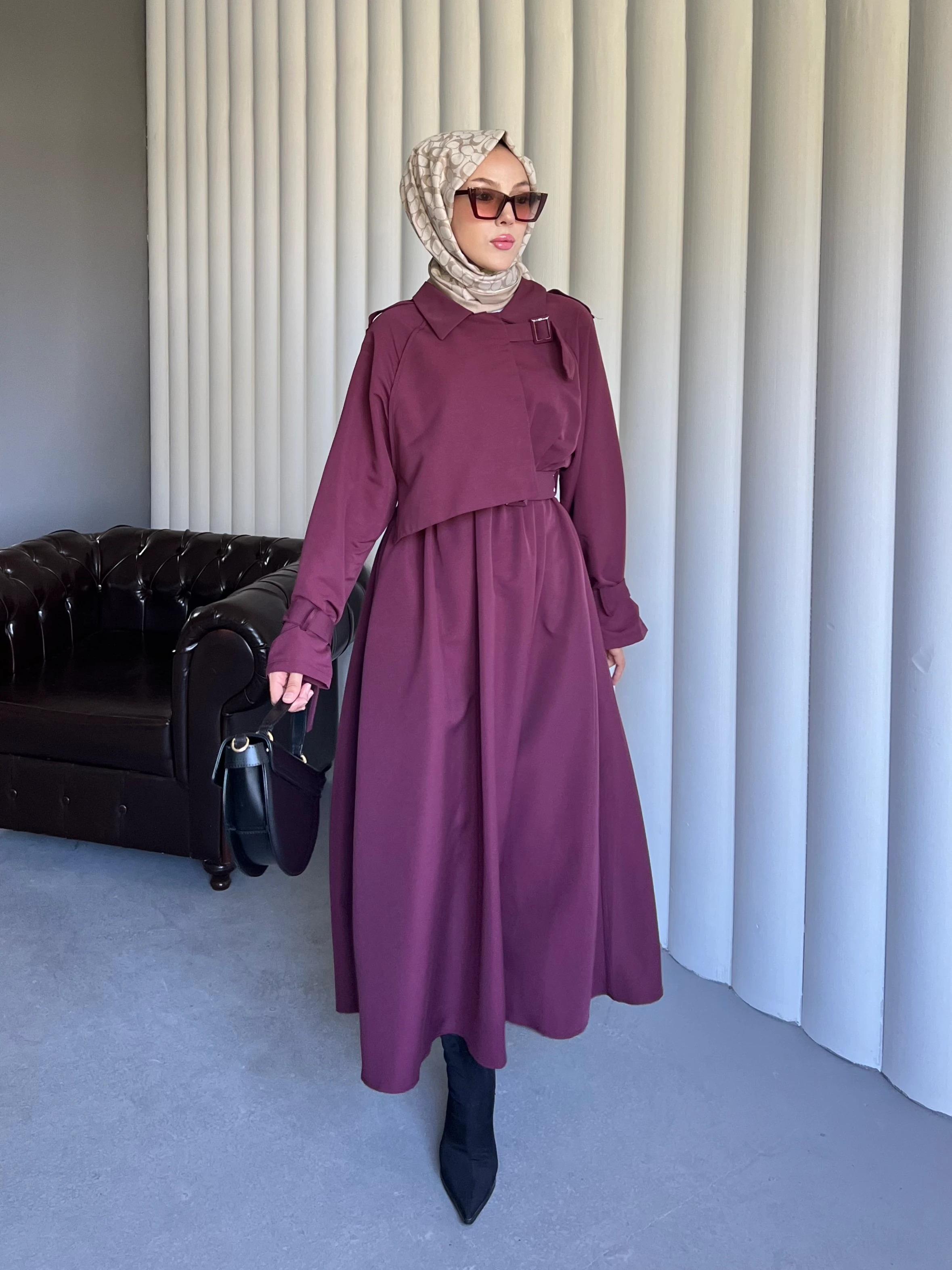 Premium Elbise Trench - Vişne