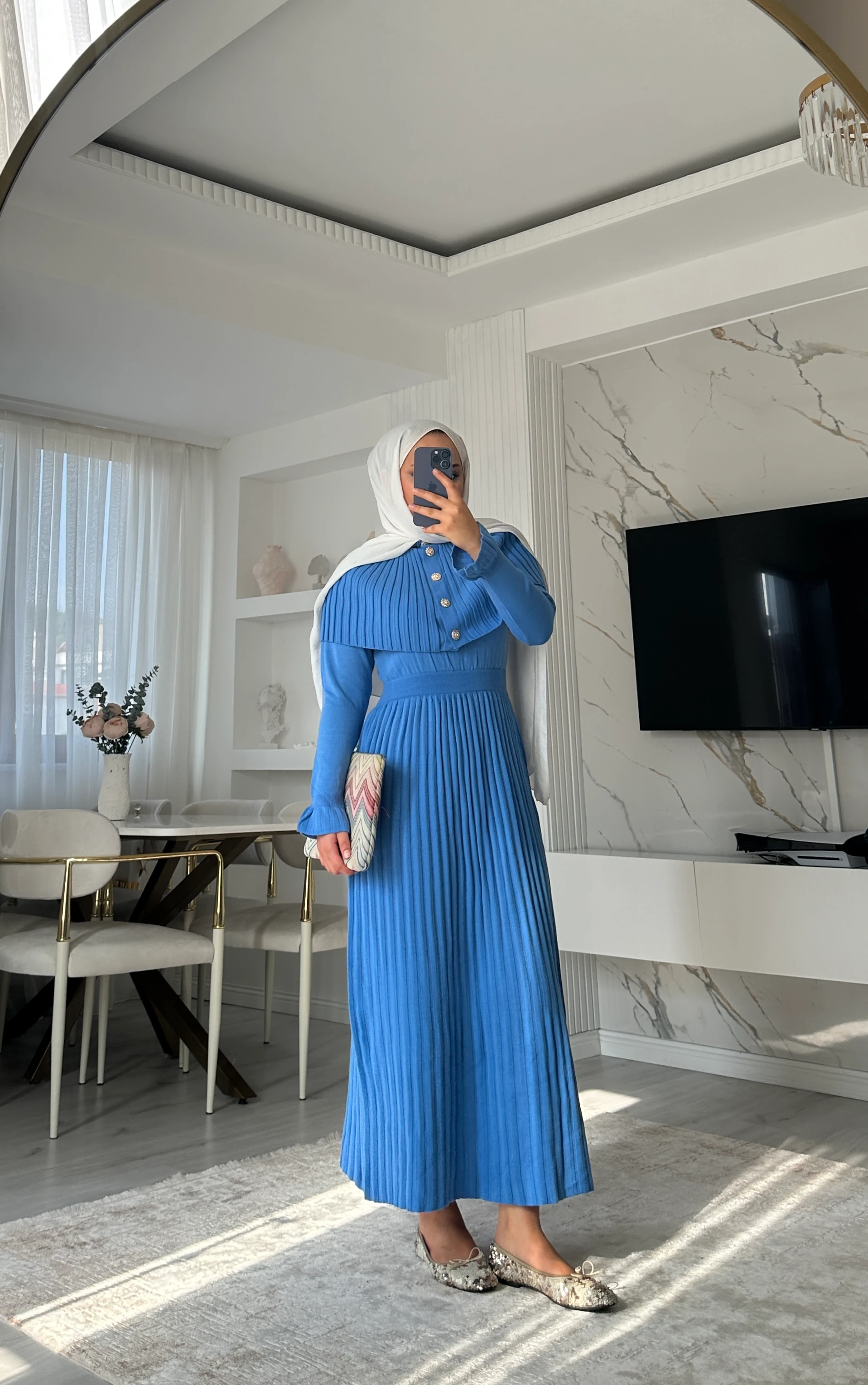 Pelerinli Elbise  - Mavi