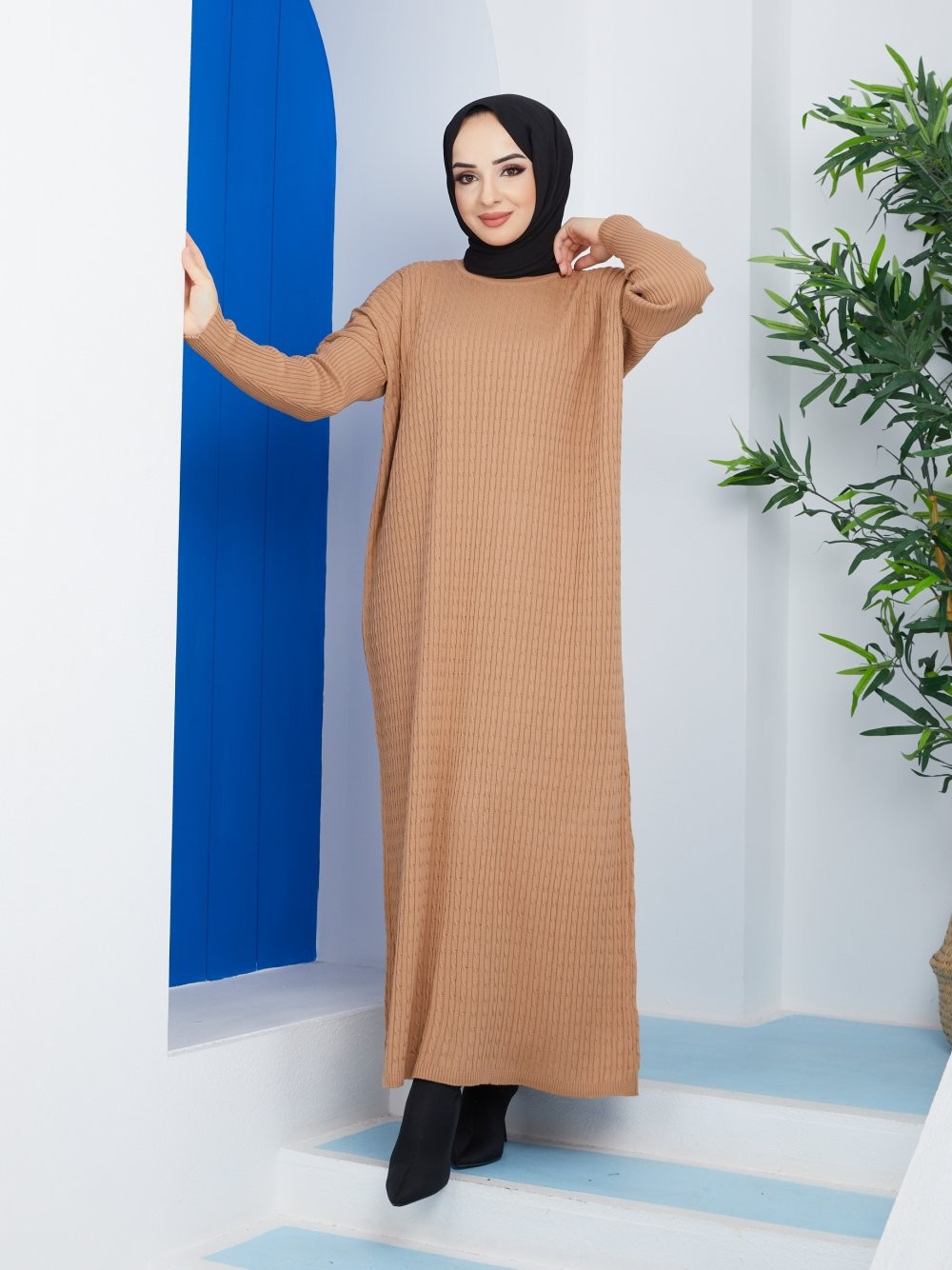 Triko Örgülü Elbise Camel