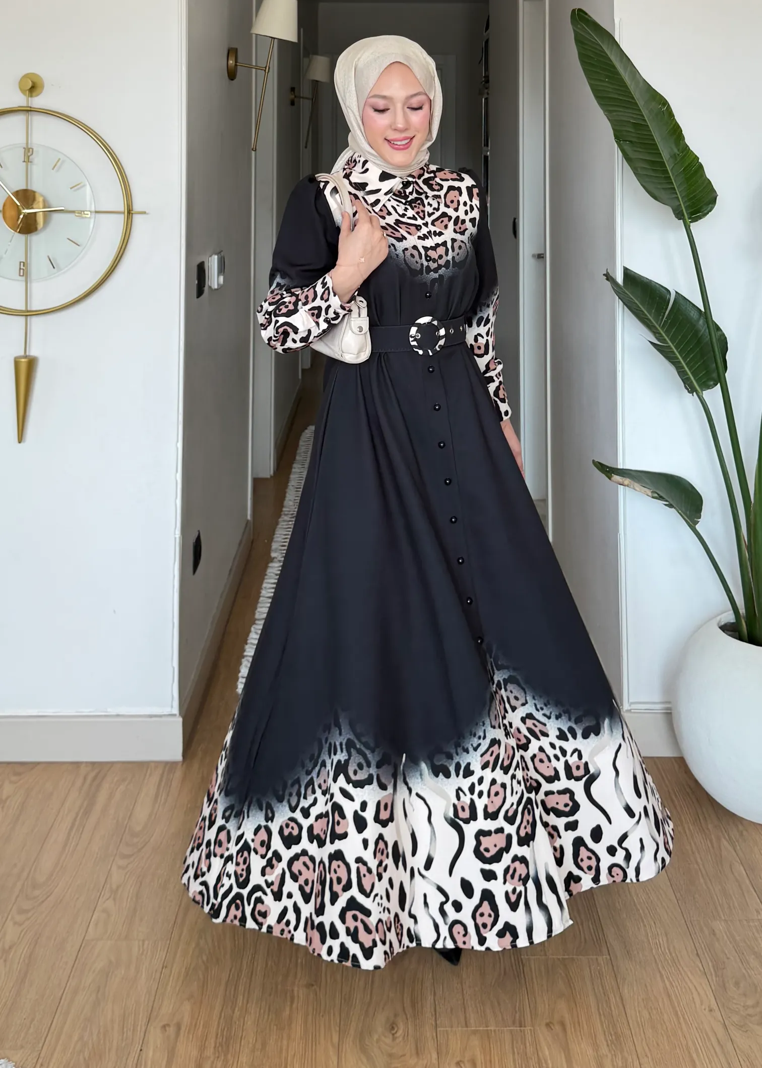 Leopar Desen Kemerli Elbise