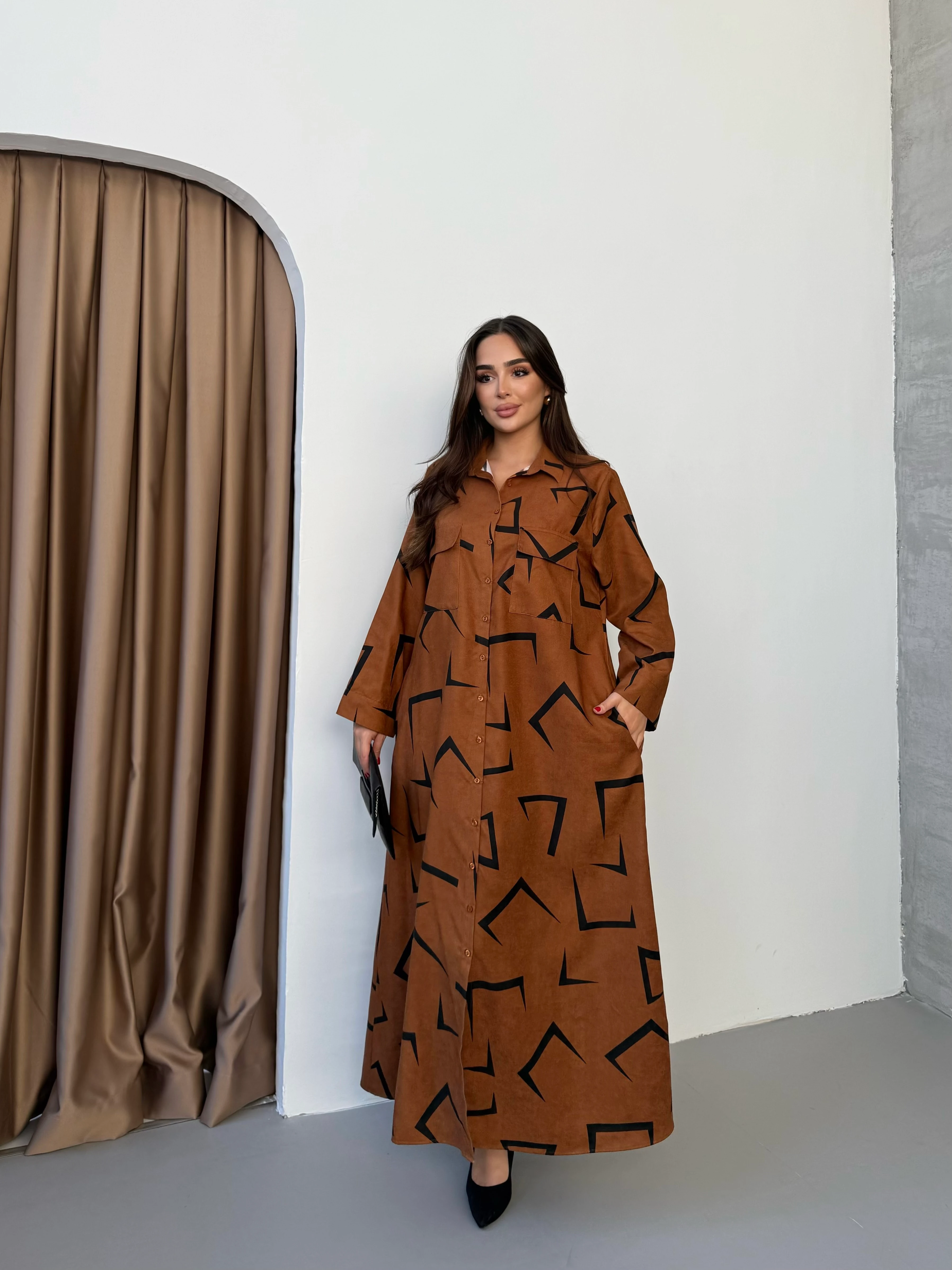 Süet Elbise Boydan Düğmeli - Taba