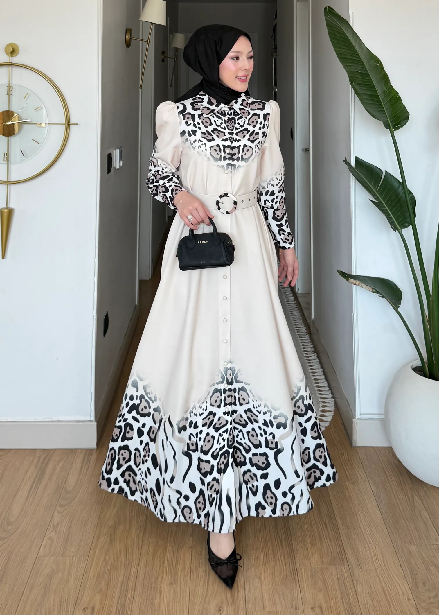 Leopar Desen Kemerli Elbise
