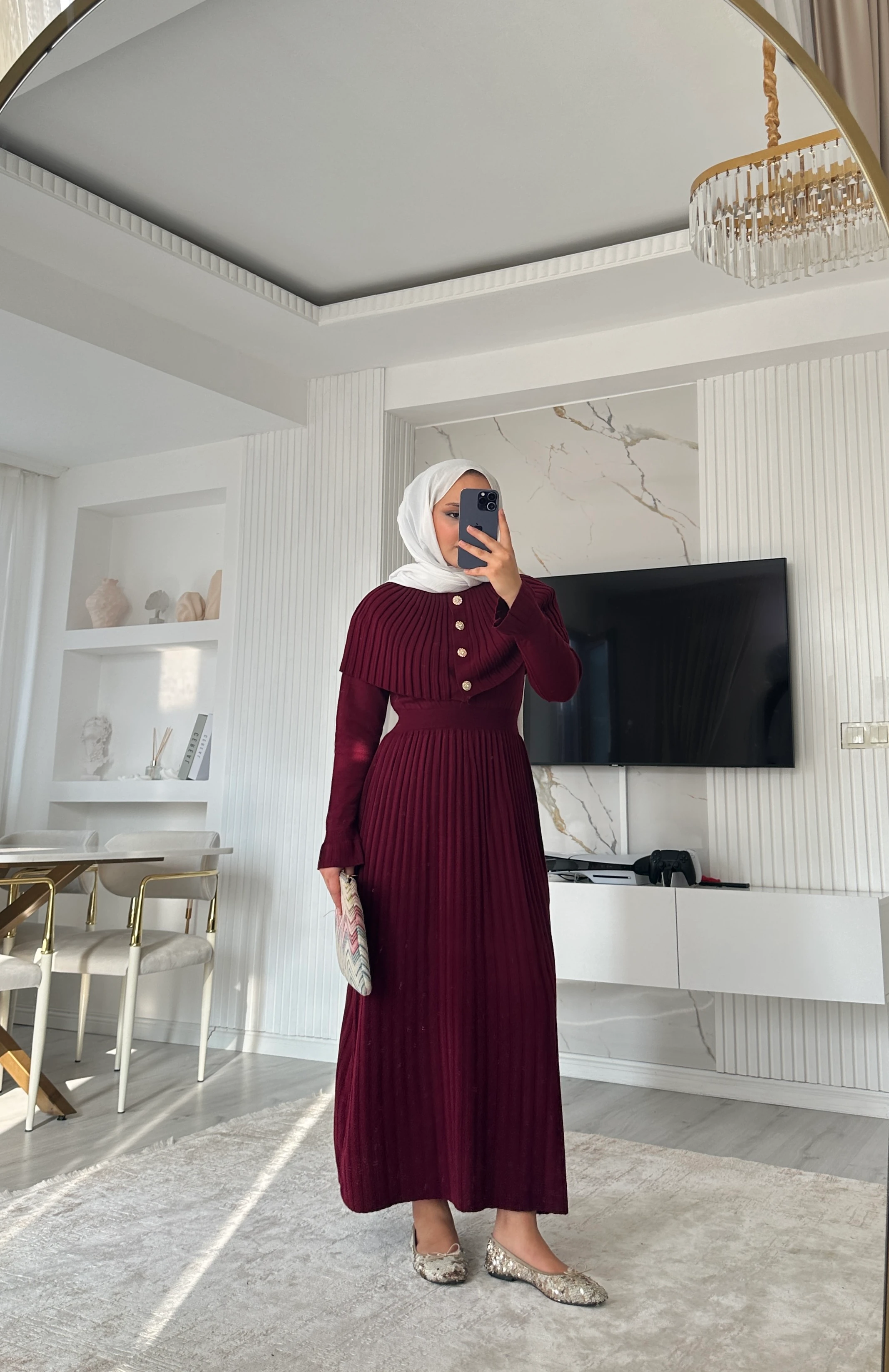 Pelerinli Elbise  - Bordo