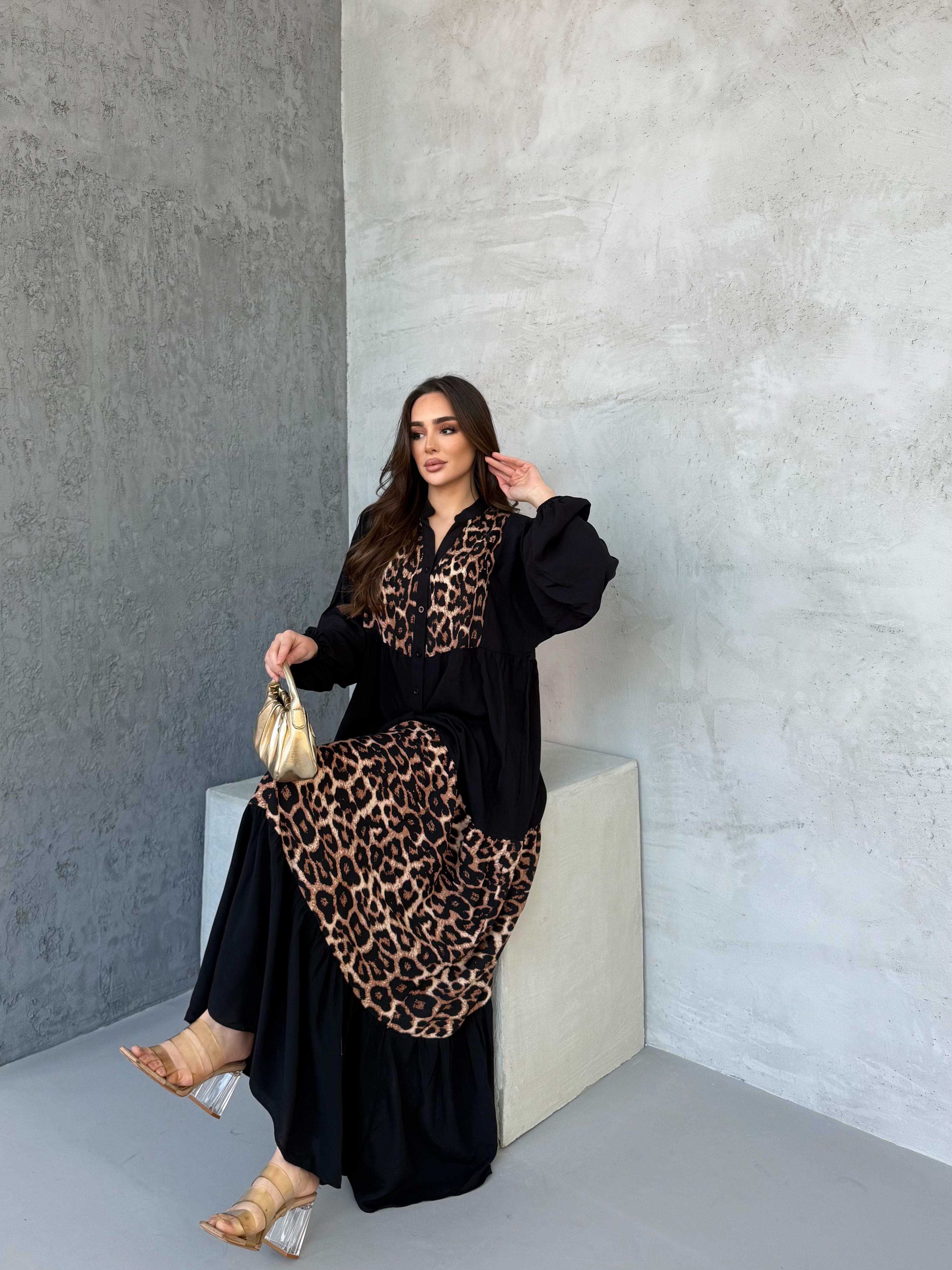 Ceylan Leopar Elbise Siyah