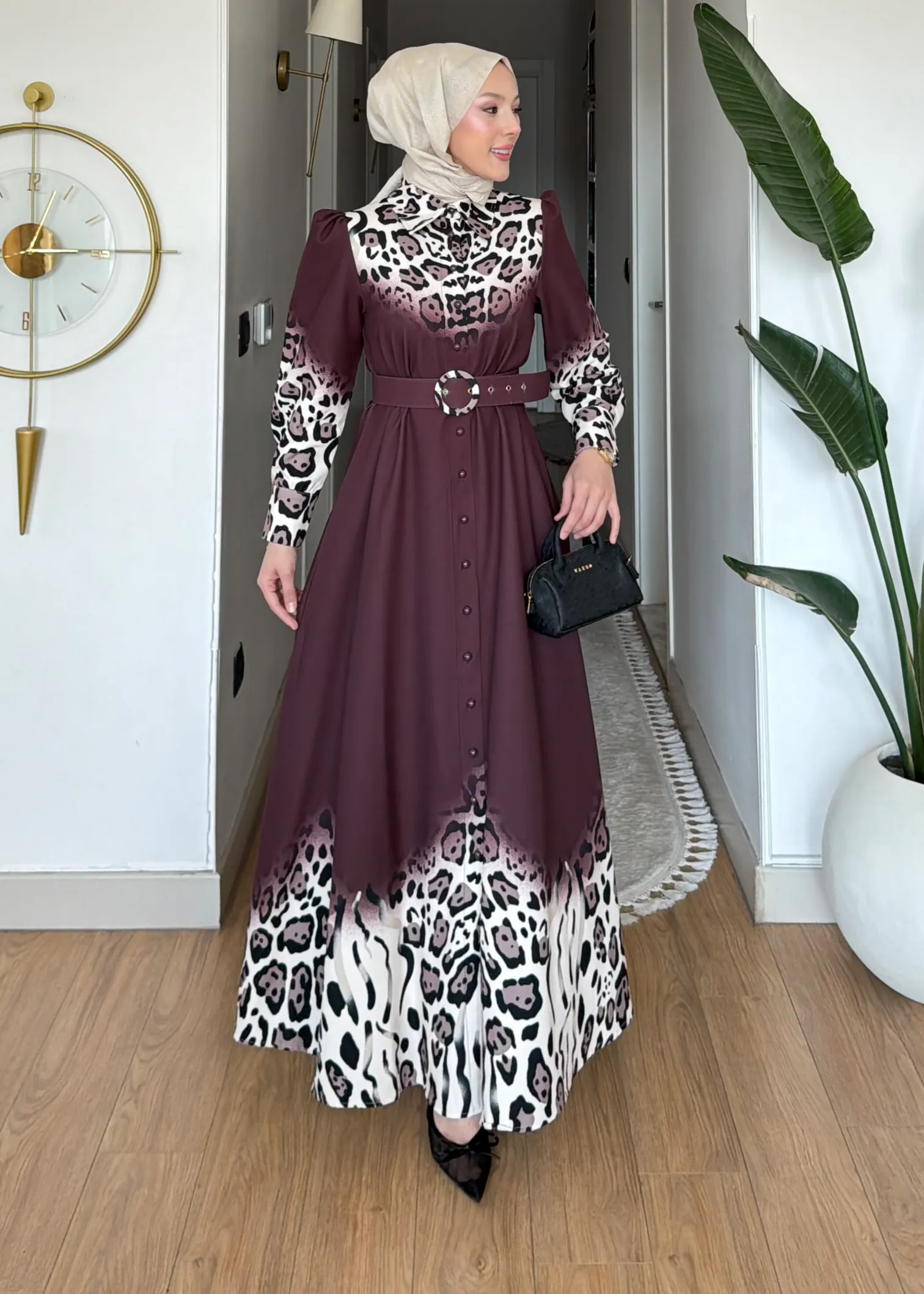 Leopar Desen Kemerli Elbise