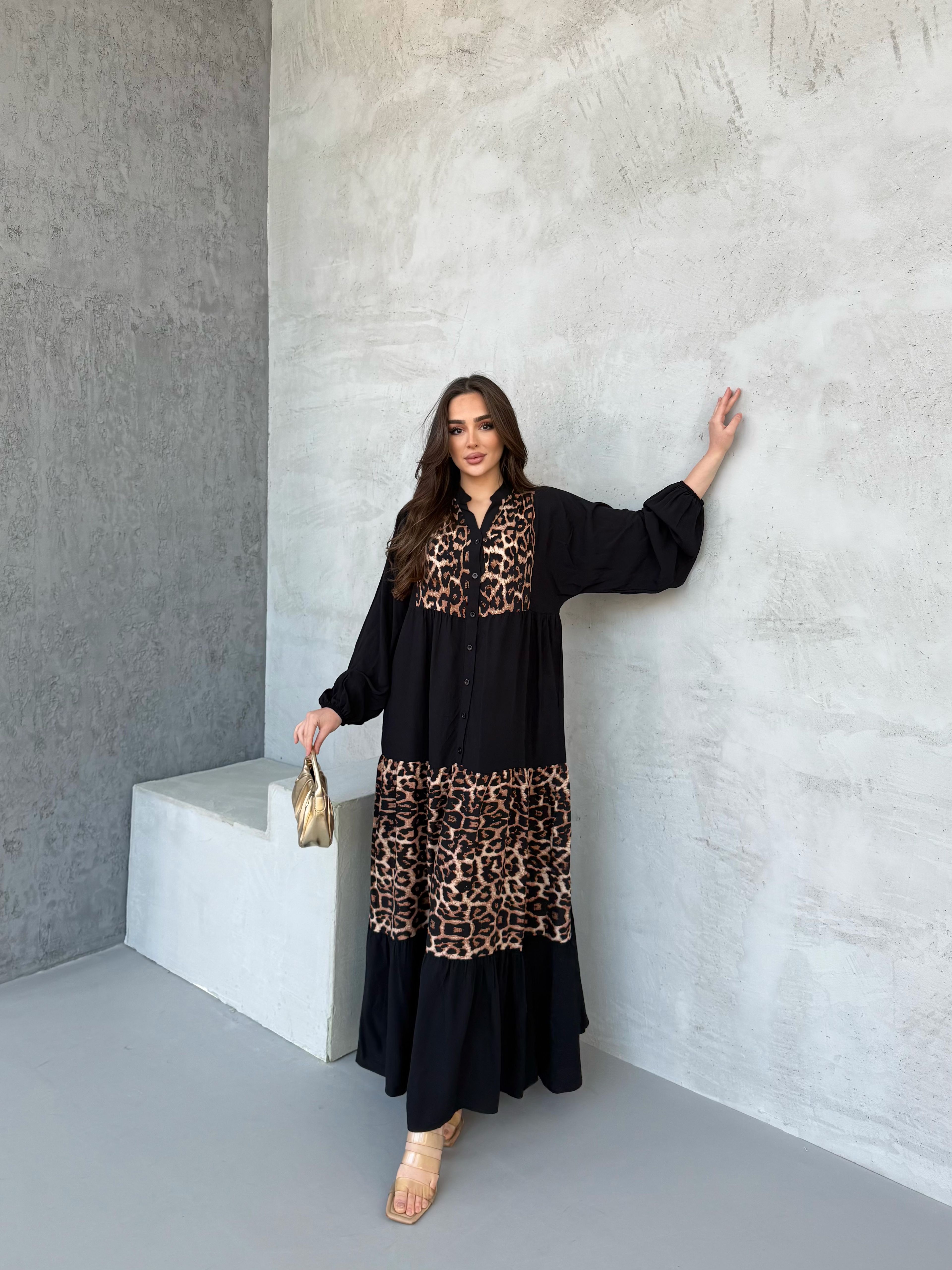 Ceylan Leopar Elbise Siyah