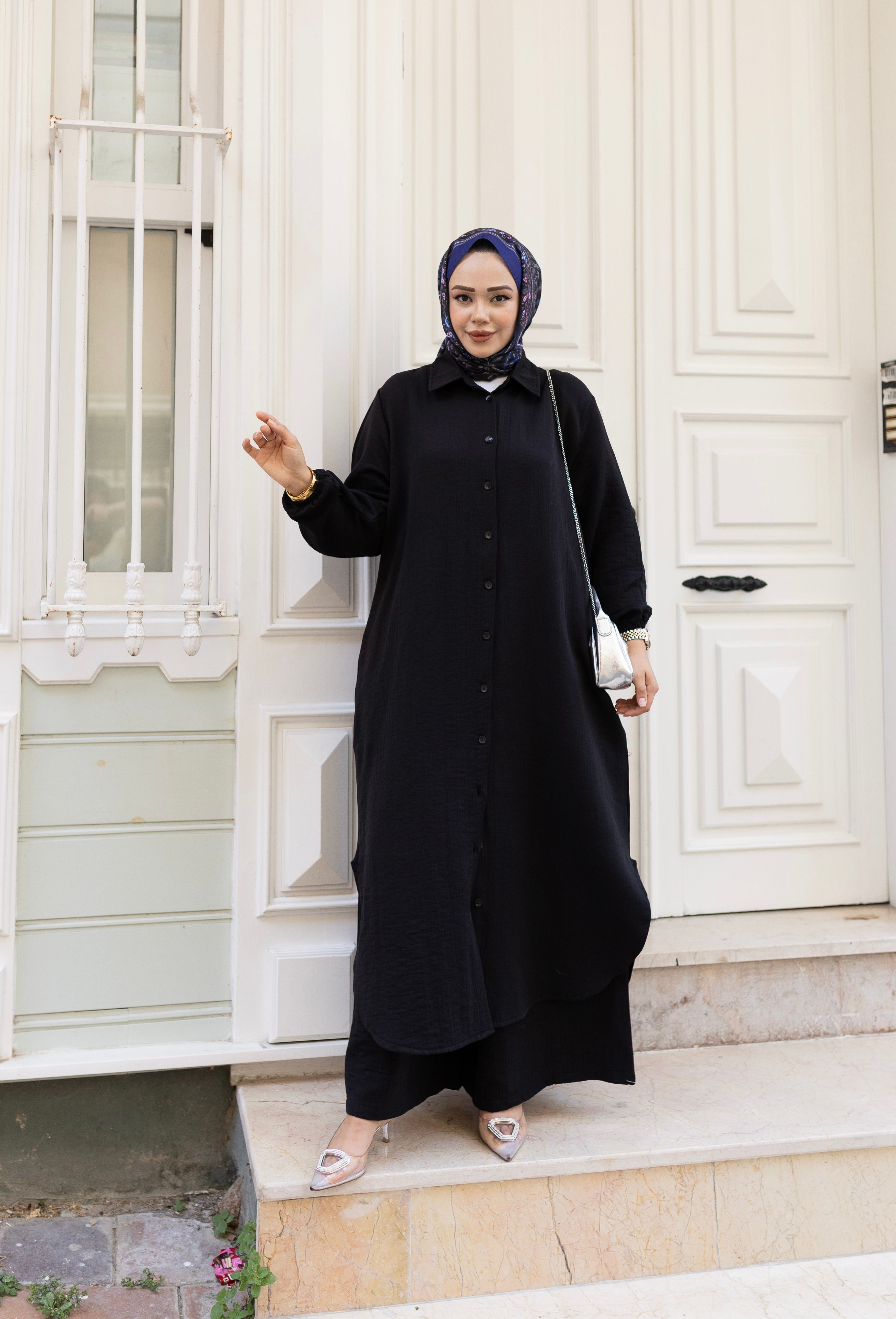 Müslin Uzun Tunik Pantolon Takım - Siyah