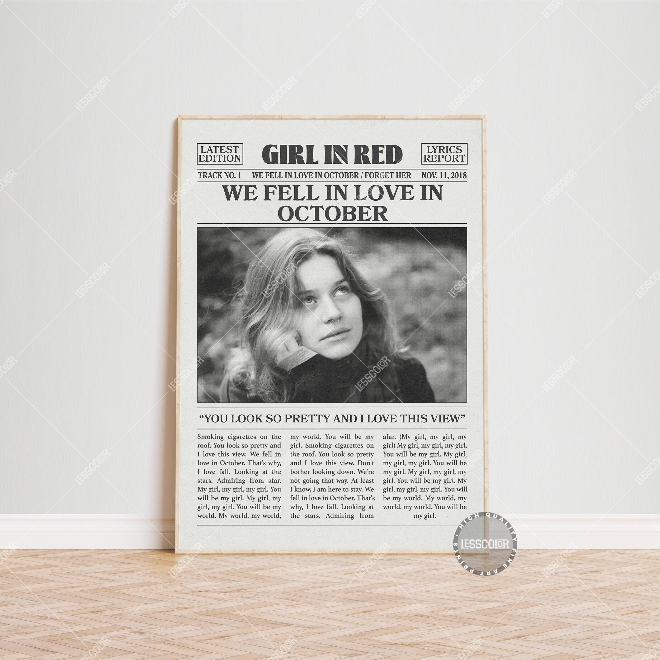 Girl in Red Retro Newspaper Print, we fell in love in october Poster