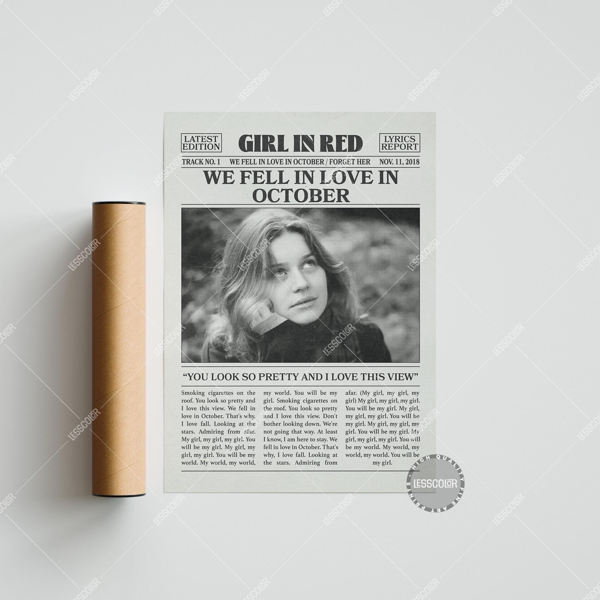 Girl in Red Retro Newspaper Print, we fell in love in october Poster