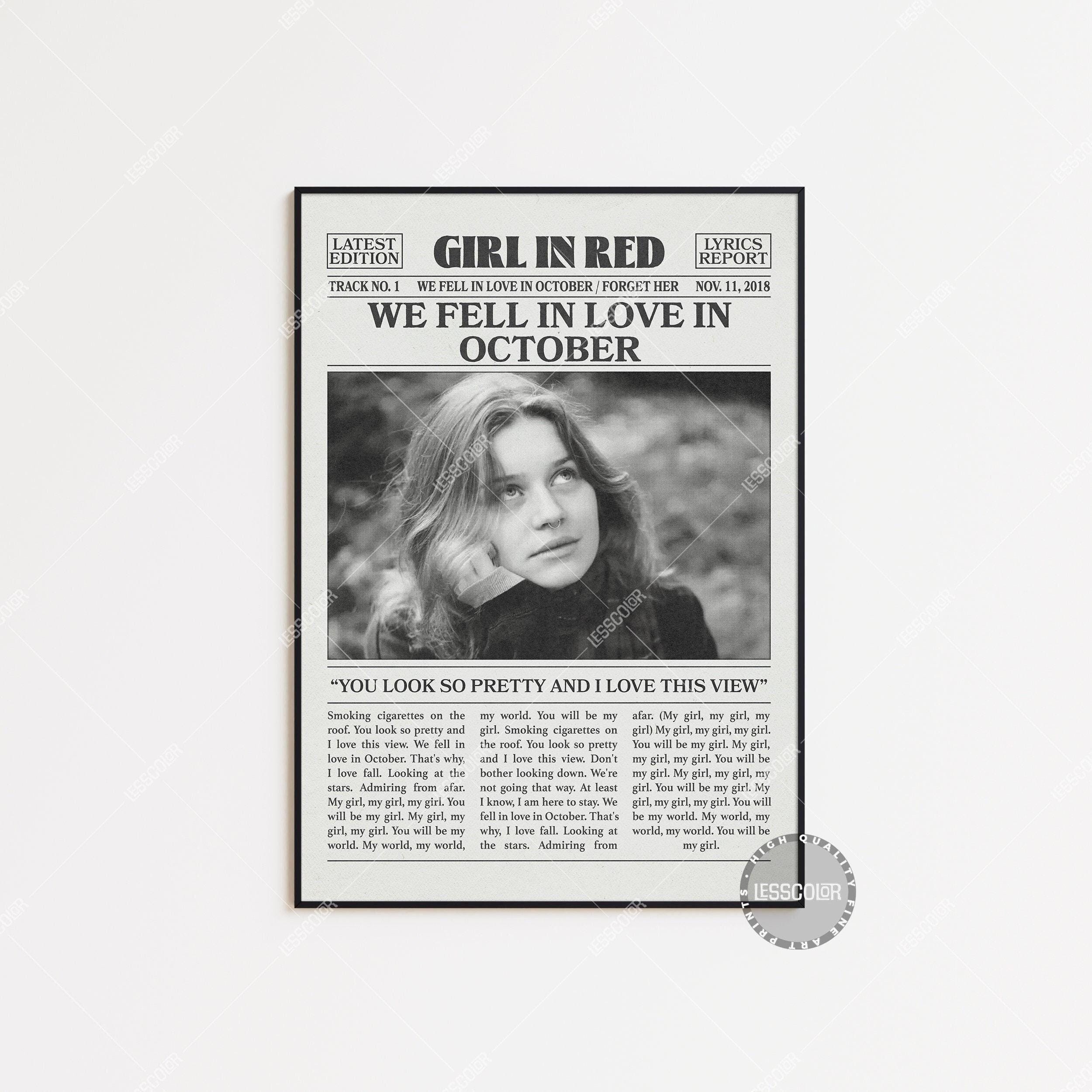 Girl in Red Retro Newspaper Print, we fell in love in october Poster