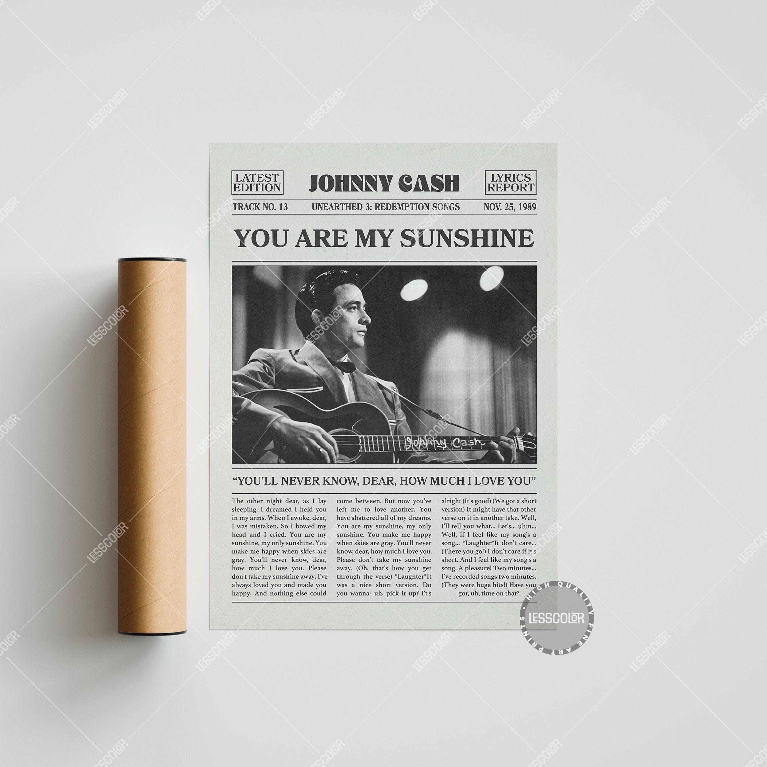 Johnny Cash Retro Newspaper Print, You Are My Sunshine Poster