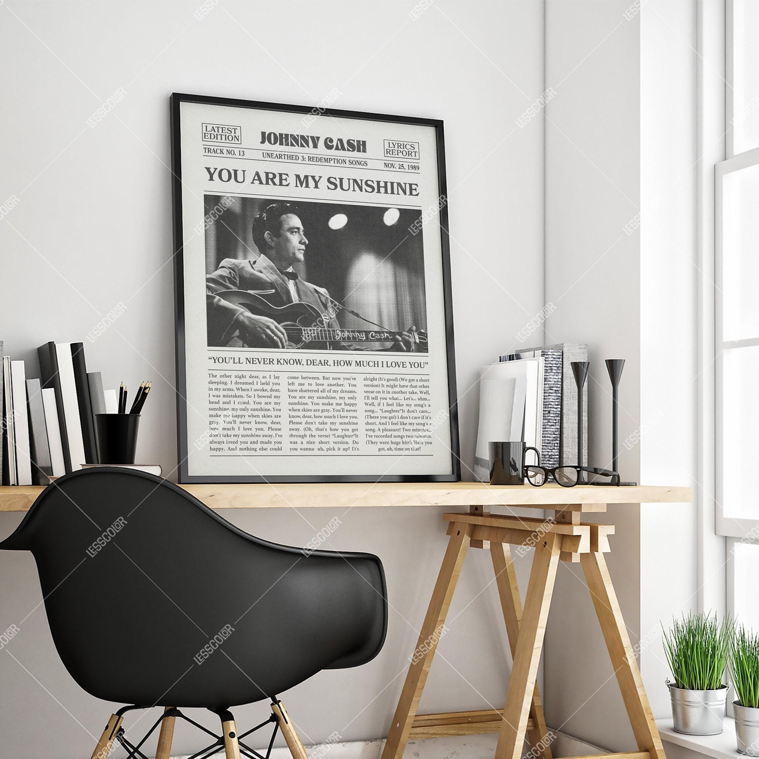 Johnny Cash Retro Newspaper Print, You Are My Sunshine Poster